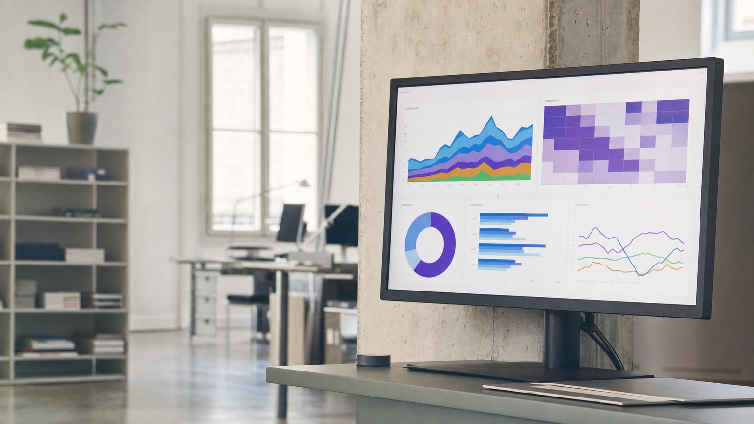 Ein aufgeräumtes Dashboard auf einem Bildschirm, das Content-Performance-Daten visualisiert – Diagramme, Heatmaps und Engagement-Kurven. Im Hintergrund ein helles, modernes Büro eines kleinen Unternehmens.