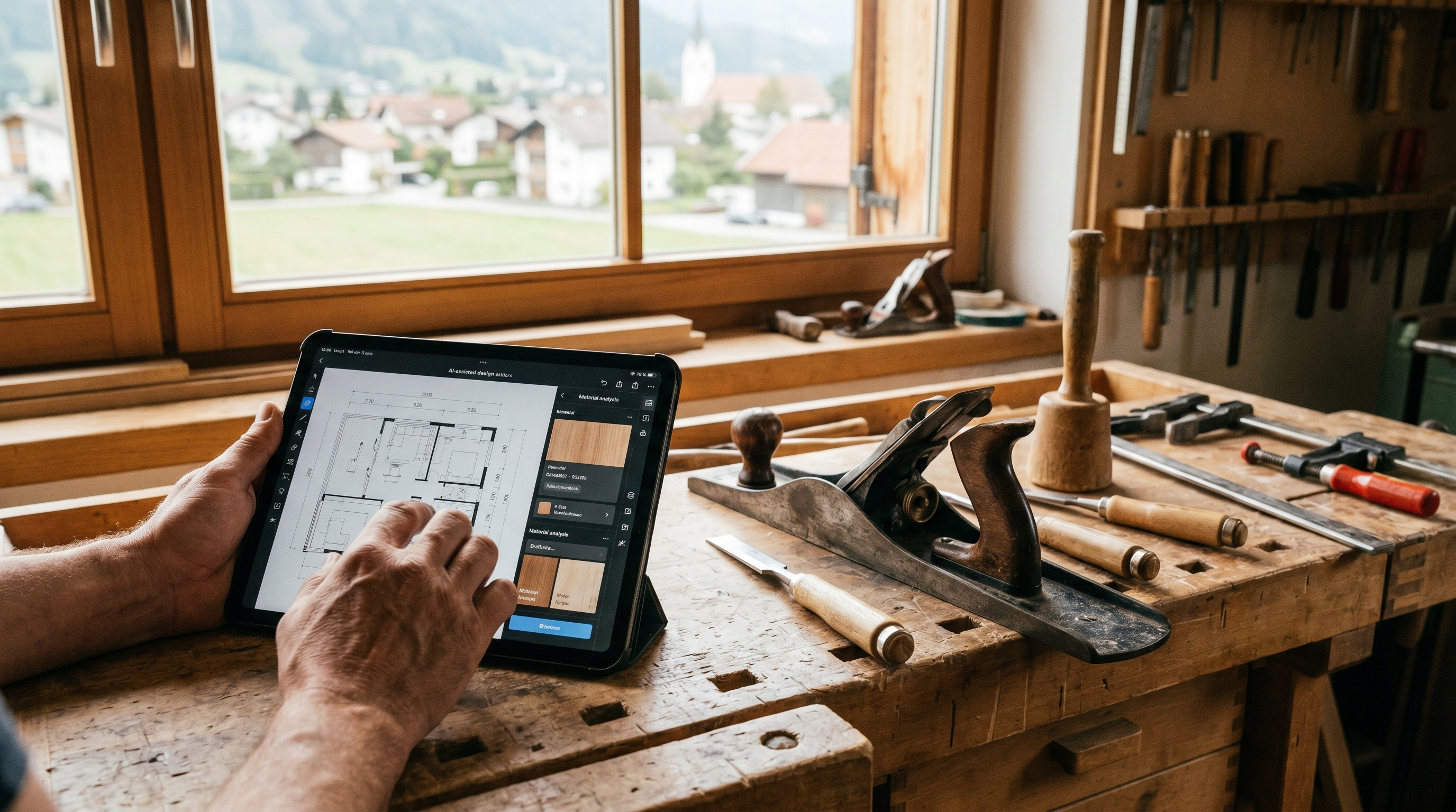 Eine moderne Handwerkswerkstatt, in der ein Tablet mit KI-gestützter Software neben traditionellem Werkzeug auf einer Werkbank liegt — Symbiose aus Tradition und Technologie, warmes Licht, aufgeräumt.