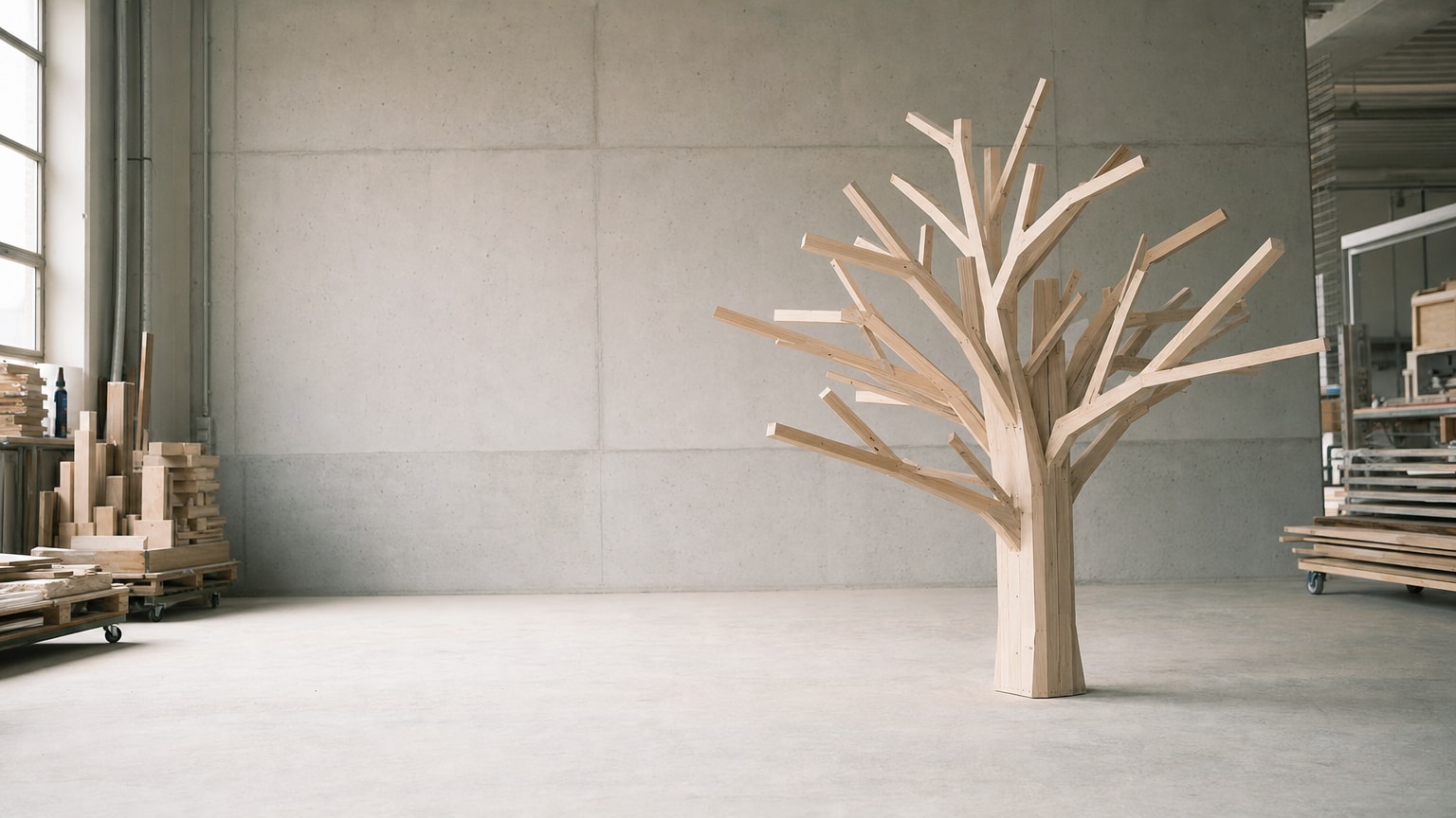 Ein einzelner Baum, aus dessen Stamm sich viele Äste in verschiedene Richtungen verzweigen – als Metapher dafür, dass aus einer Idee viele Formate entstehen. Modernes, minimalistisches Flat-Design mit warmen Farben.
