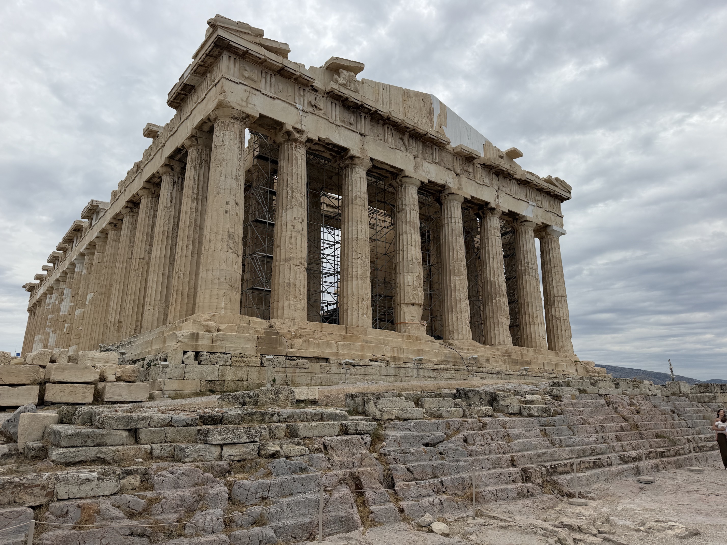 The Parthenon seen from the Acropolis under an overcast sky