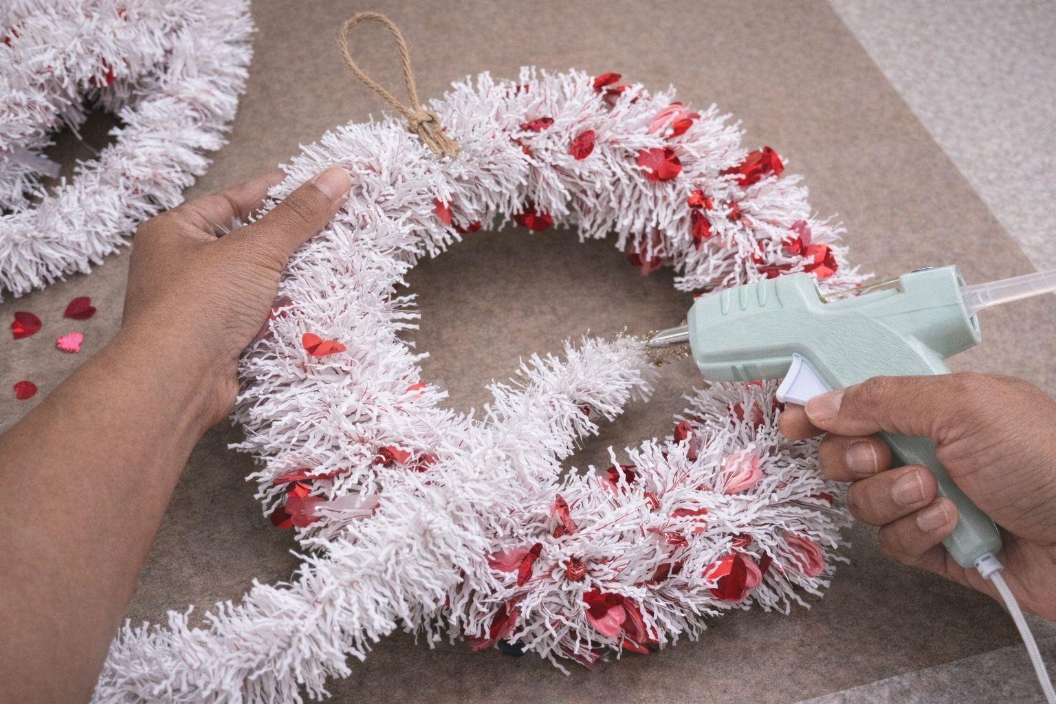 Step 2 for Sparkling Hearts Valentine's Day Wreath