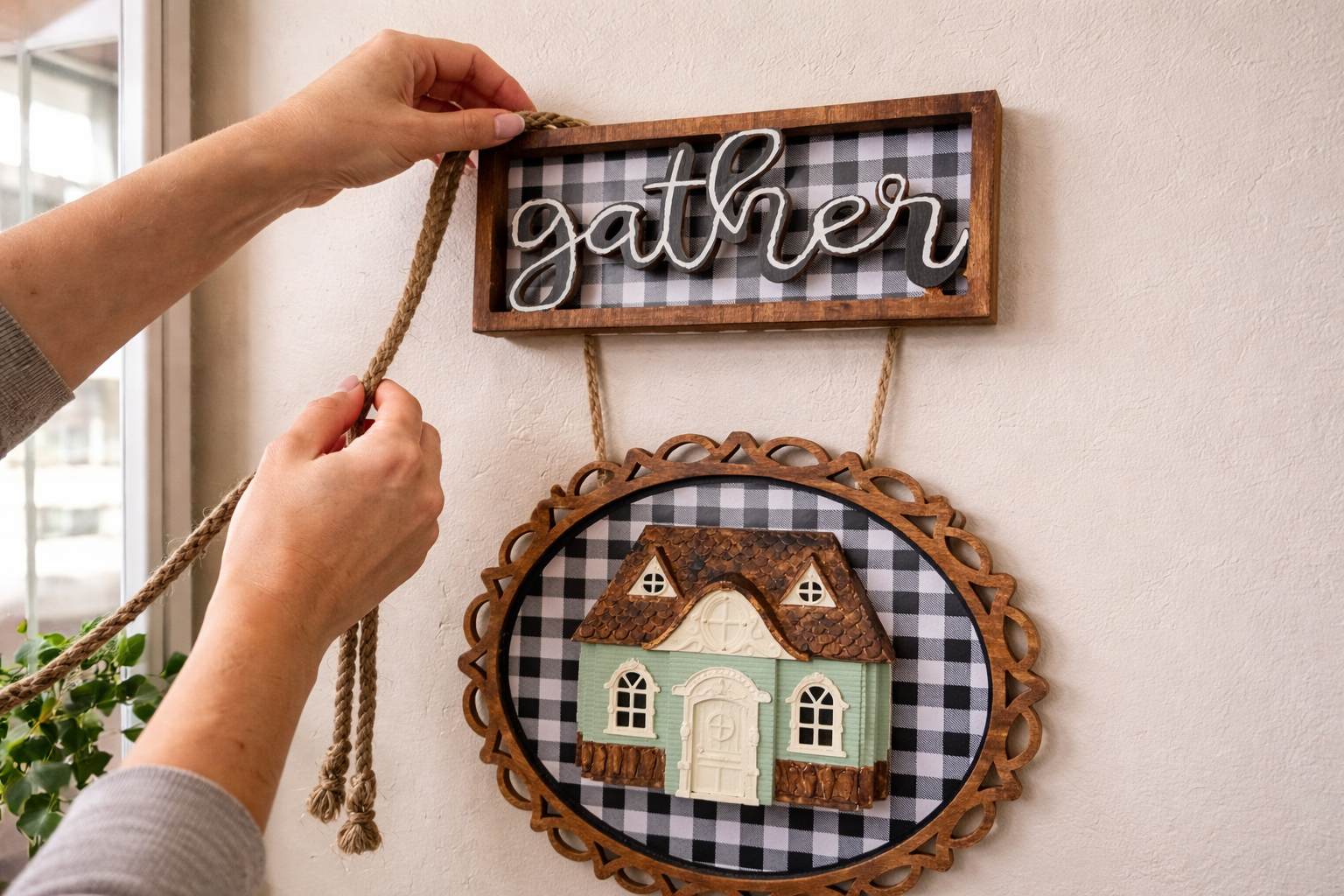 How to braid and connect frames - Rustic Charm: Buffalo Check Gather Sign with Miniature House DIY tutorial