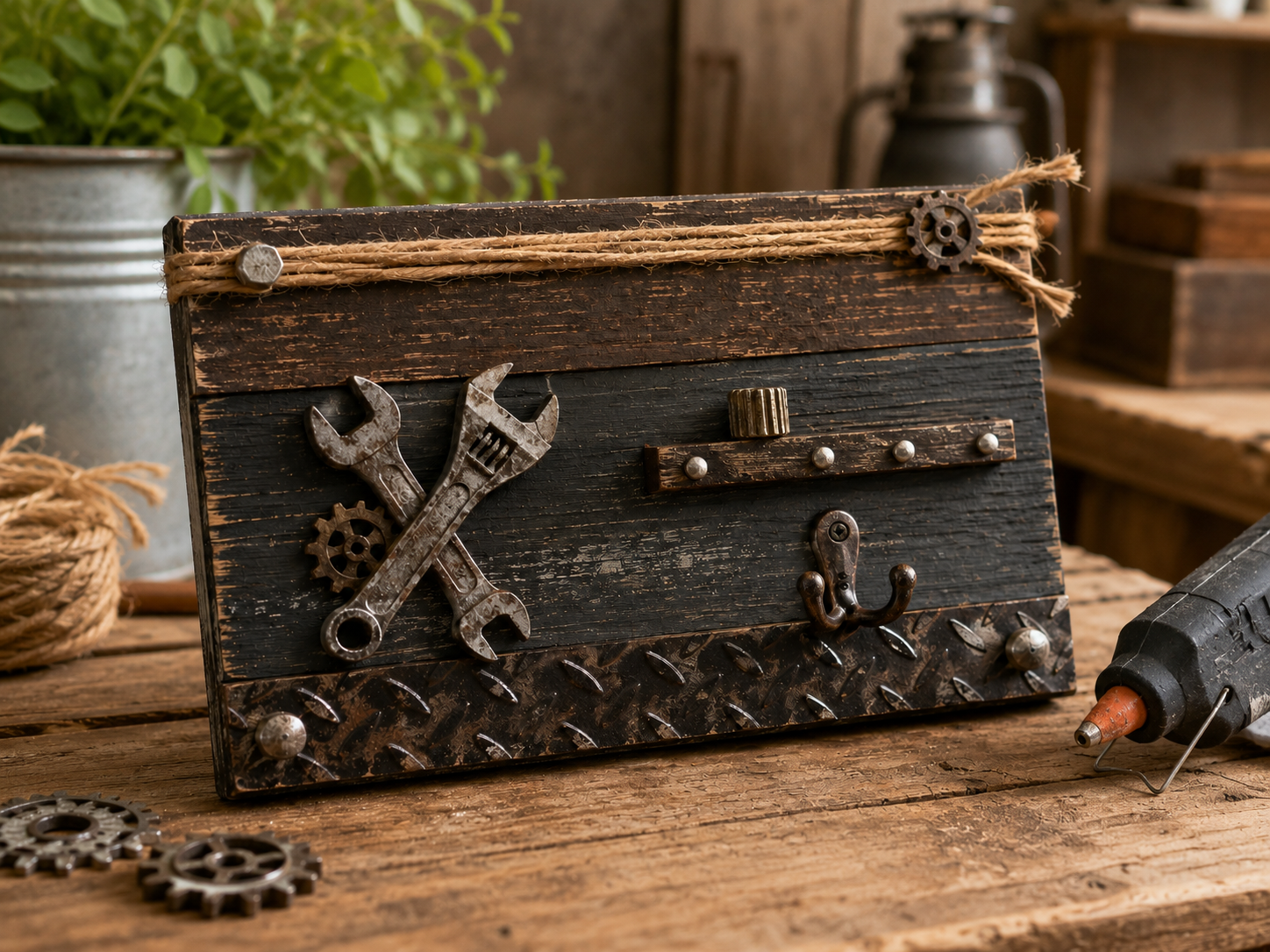 How to arrange & glue mini tools - Dad's Garage Rustic Mini Sign DIY tutorial