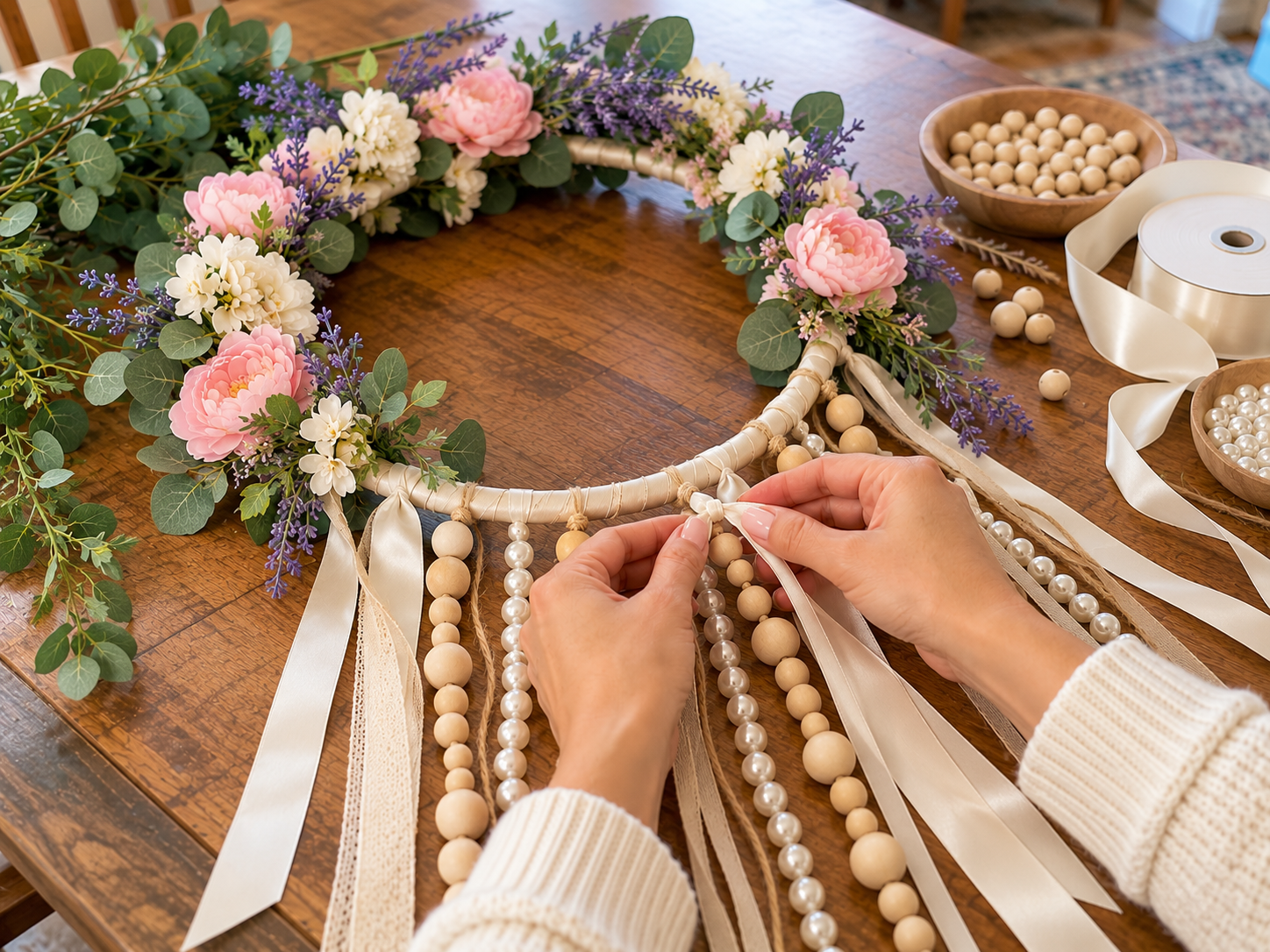 DIY Faux Floral Hoop Chandelier for a Nursery or Bedroom, step 4: Attach Hanging Elements