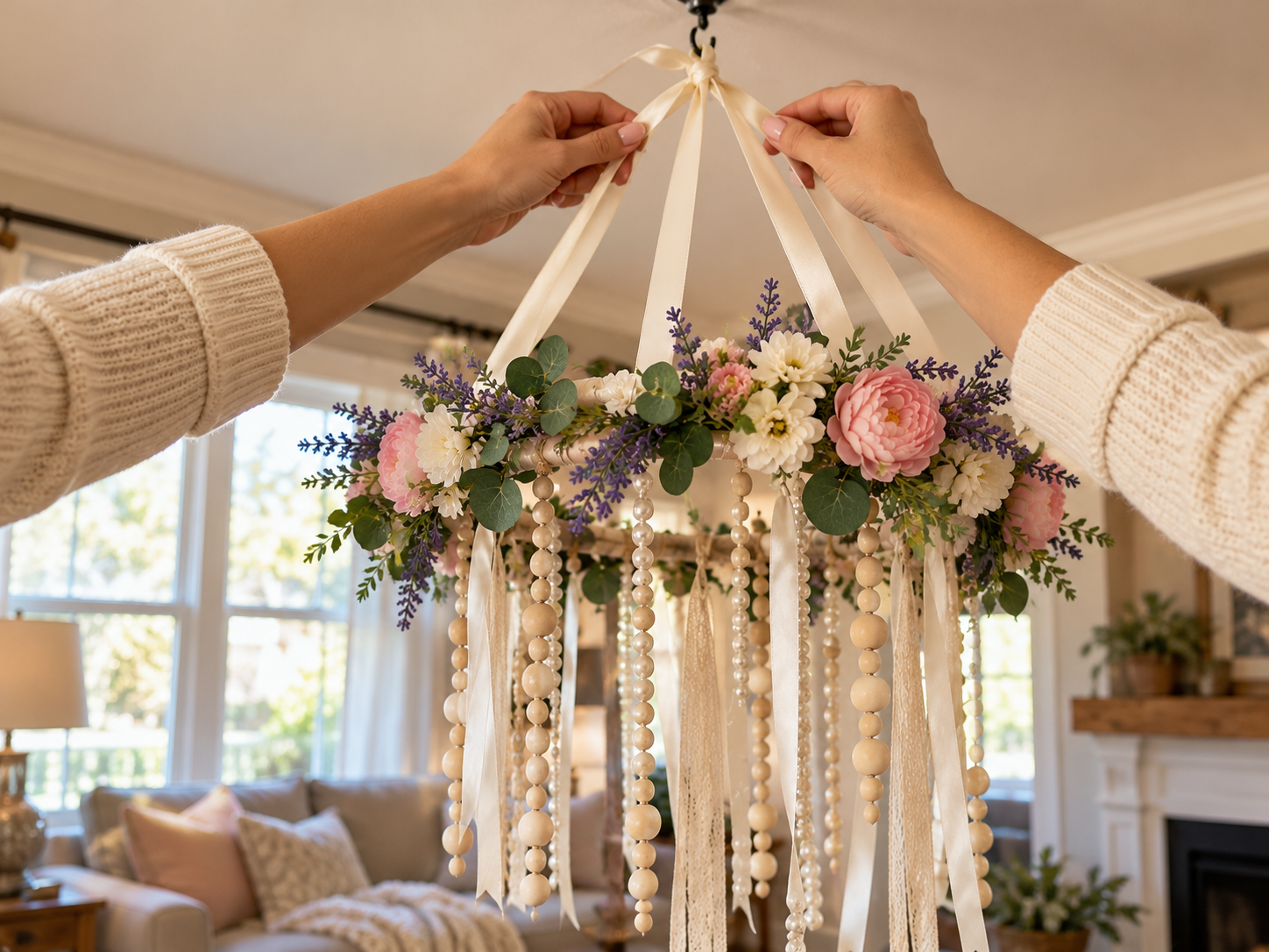DIY Faux Floral Hoop Chandelier for a Nursery or Bedroom, step 6: Create Suspension Ribbons