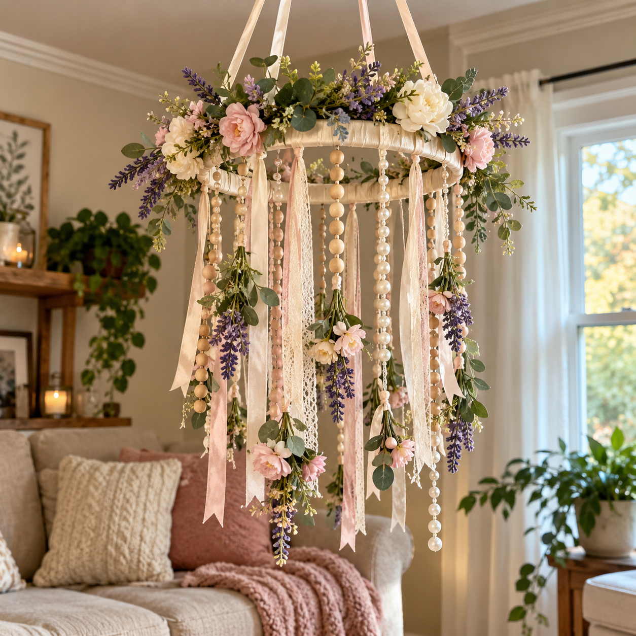 DIY Faux Floral Hoop Chandelier for a Nursery or Bedroom, step 7: Install the Chandelier
