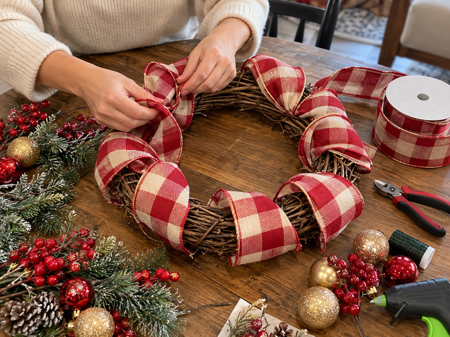 DIY Plaid Ribbon Grapevine Christmas Wreath for a Festive Front Door, step 2: Weave in Plaid Ribbon