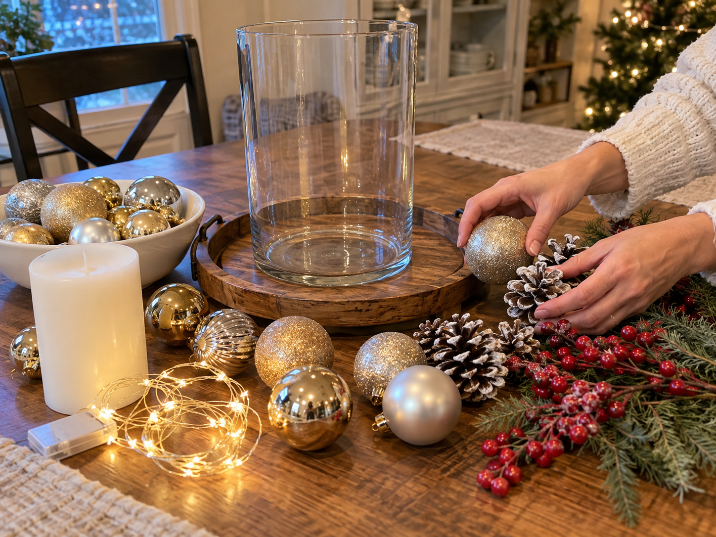DIY Dollar Tree Christmas Hurricane Centerpiece, step 1: Set Up the Base