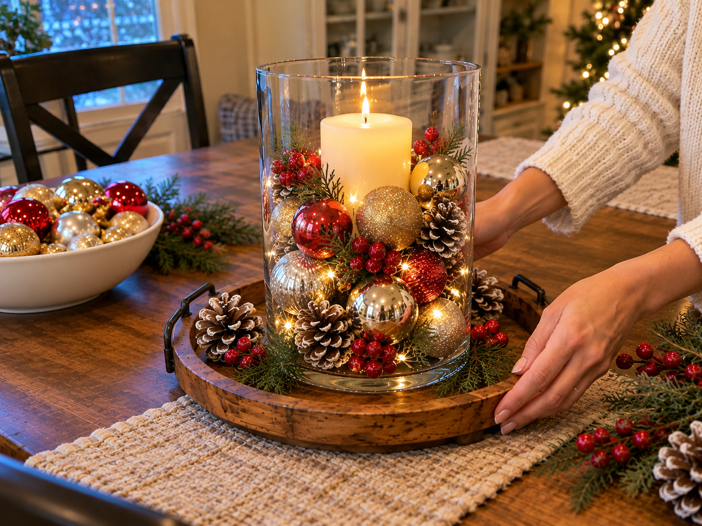 DIY Dollar Tree Christmas Hurricane Centerpiece, step 2: Anchor the Candle and Greenery