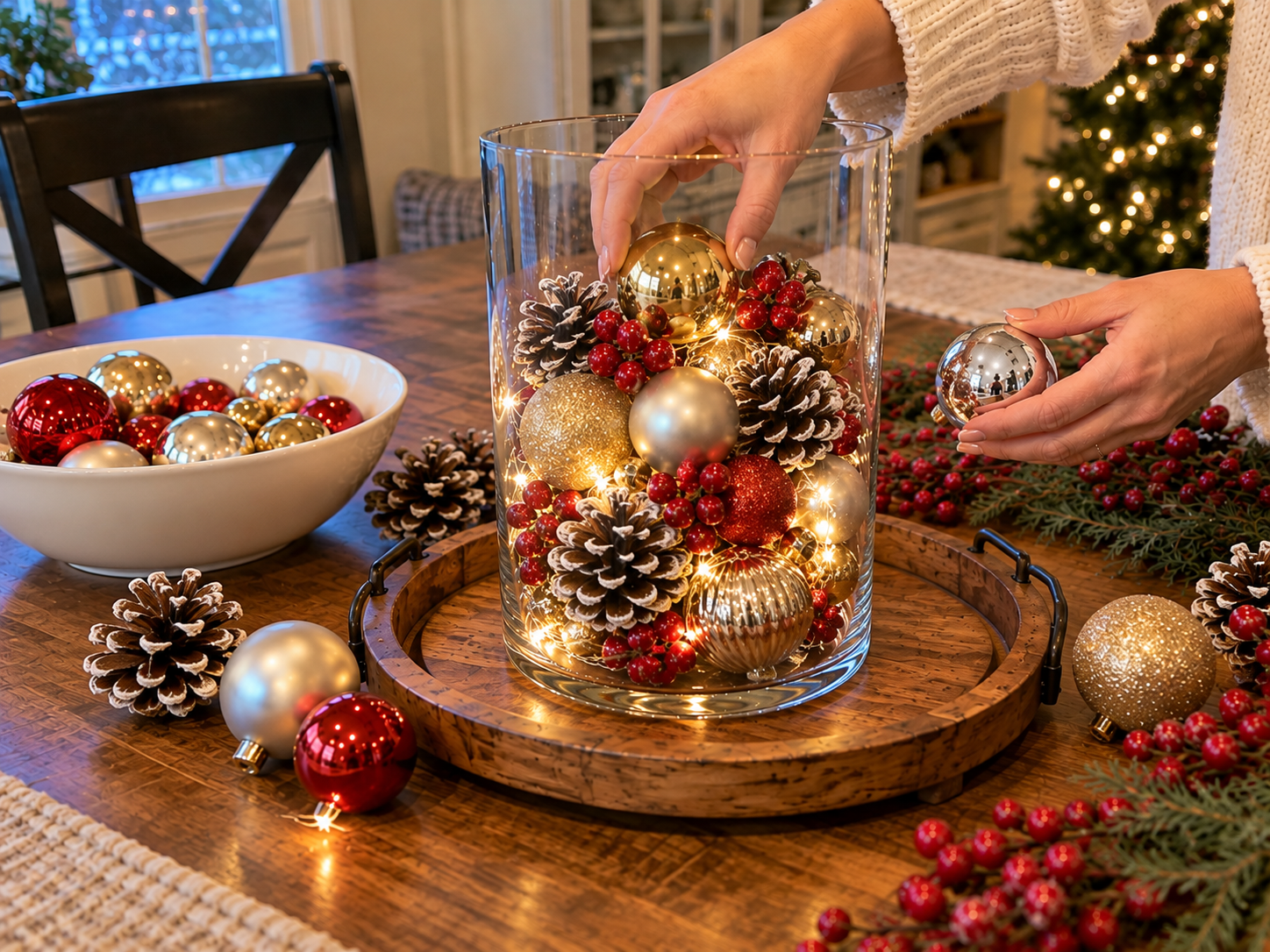 DIY Dollar Tree Christmas Hurricane Centerpiece, step 3: Arrange Ornaments and Pinecones
