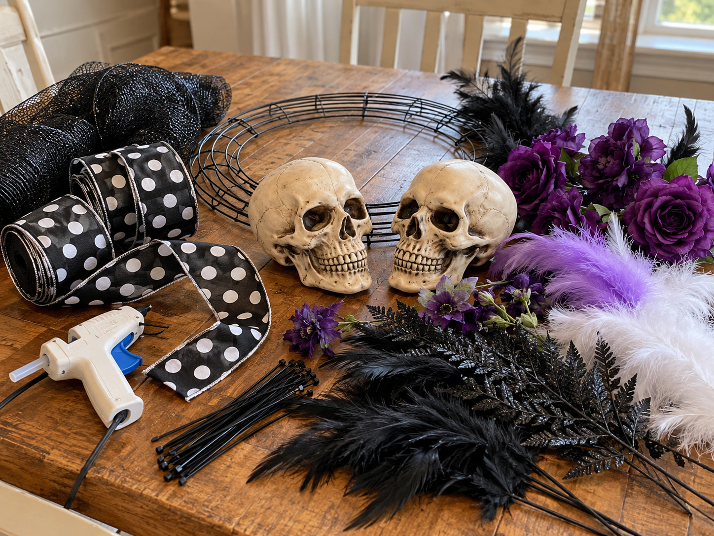 DIY Double Skull Purple Rose Wreath for Halloween Door Decor, step 2: Weave in Polka Dot Ribbon