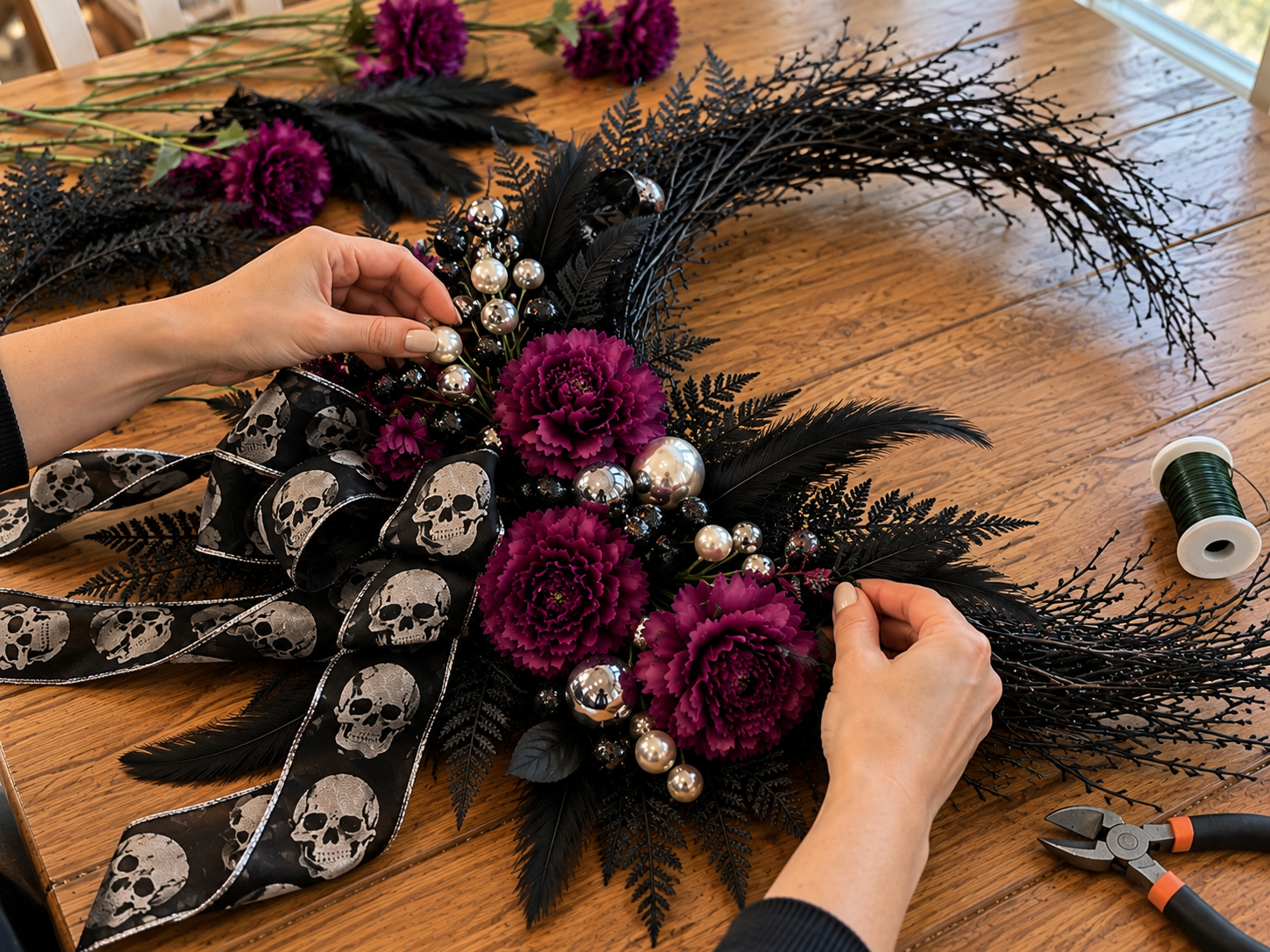 DIY Gothic Silver Skull Crescent Moon Wreath for Halloween Door Decor, step 3: Arrange Primary Purple Flowers