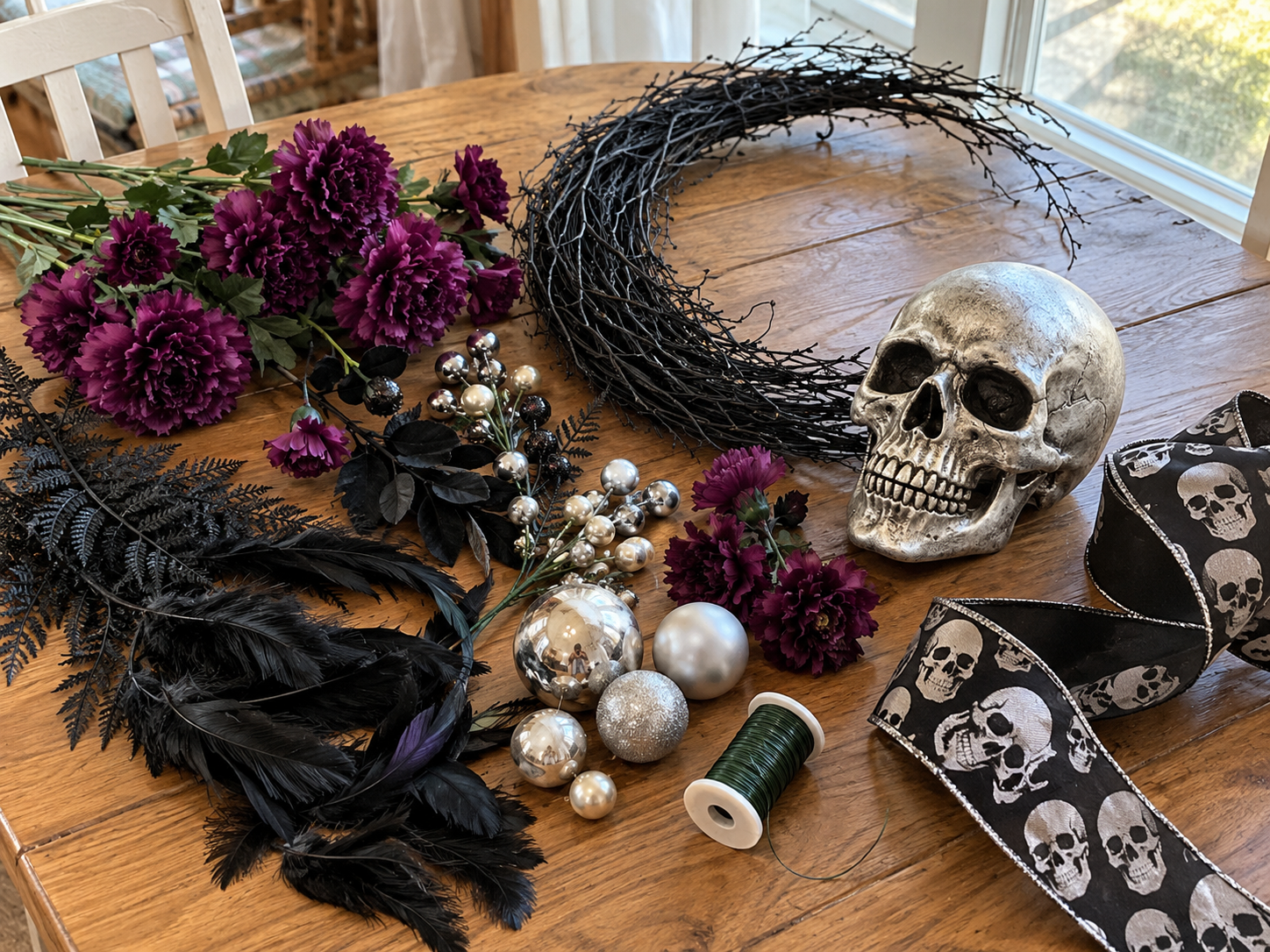 DIY Gothic Silver Skull Crescent Moon Wreath for Halloween Door Decor, step 4: Add Filler Flowers & Ornaments