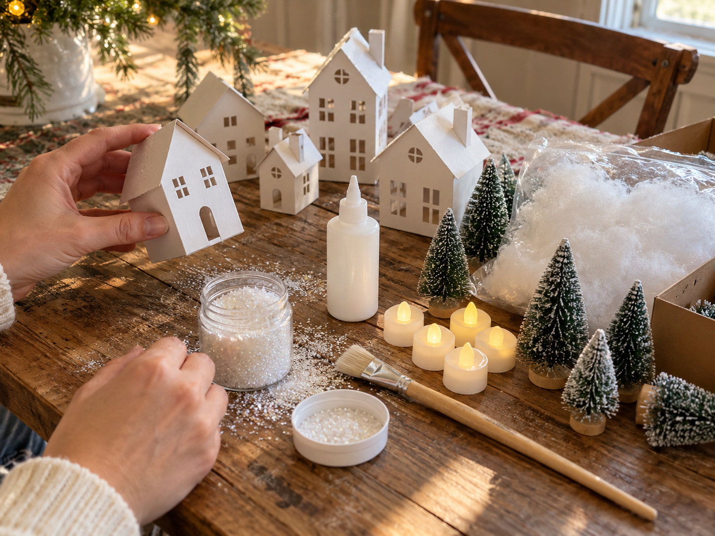 DIY Glitter Putz Style Christmas Village for Festive Mantel Decor, step 1: Prepare House Shapes & Base Color