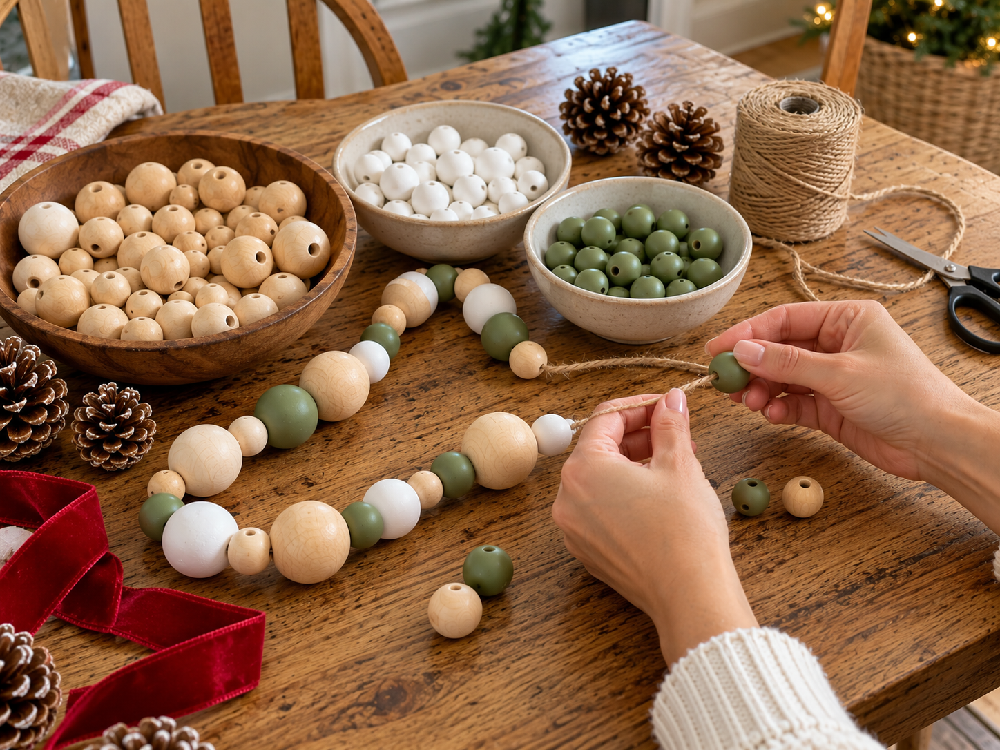 DIY Scandinavian Wooden Bead Christmas Garland for Mantel or Shelf Decor, step 3: Thread Your Bead Pattern