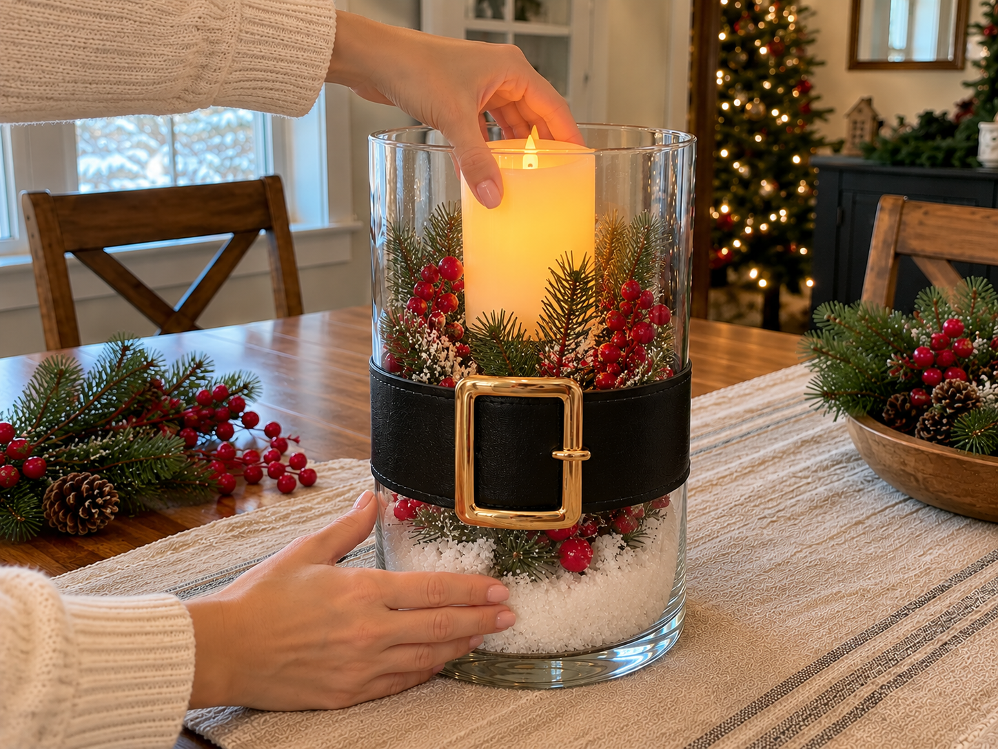 DIY Santa Belt Hurricane Lantern Centerpiece for Christmas Table Decor, step 5: Place LED Candle and Display