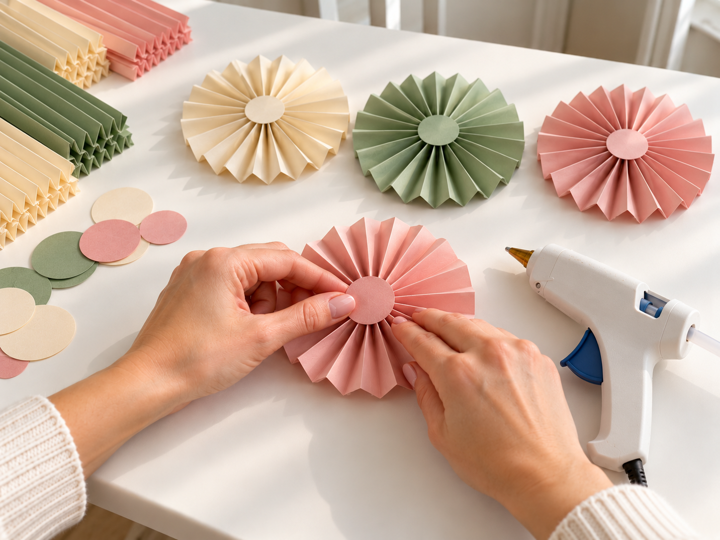 DIY Accordion Fold Paper Rosette Garland for Neutral Everyday Wall Decor, step 4: Finish Rosette Centers