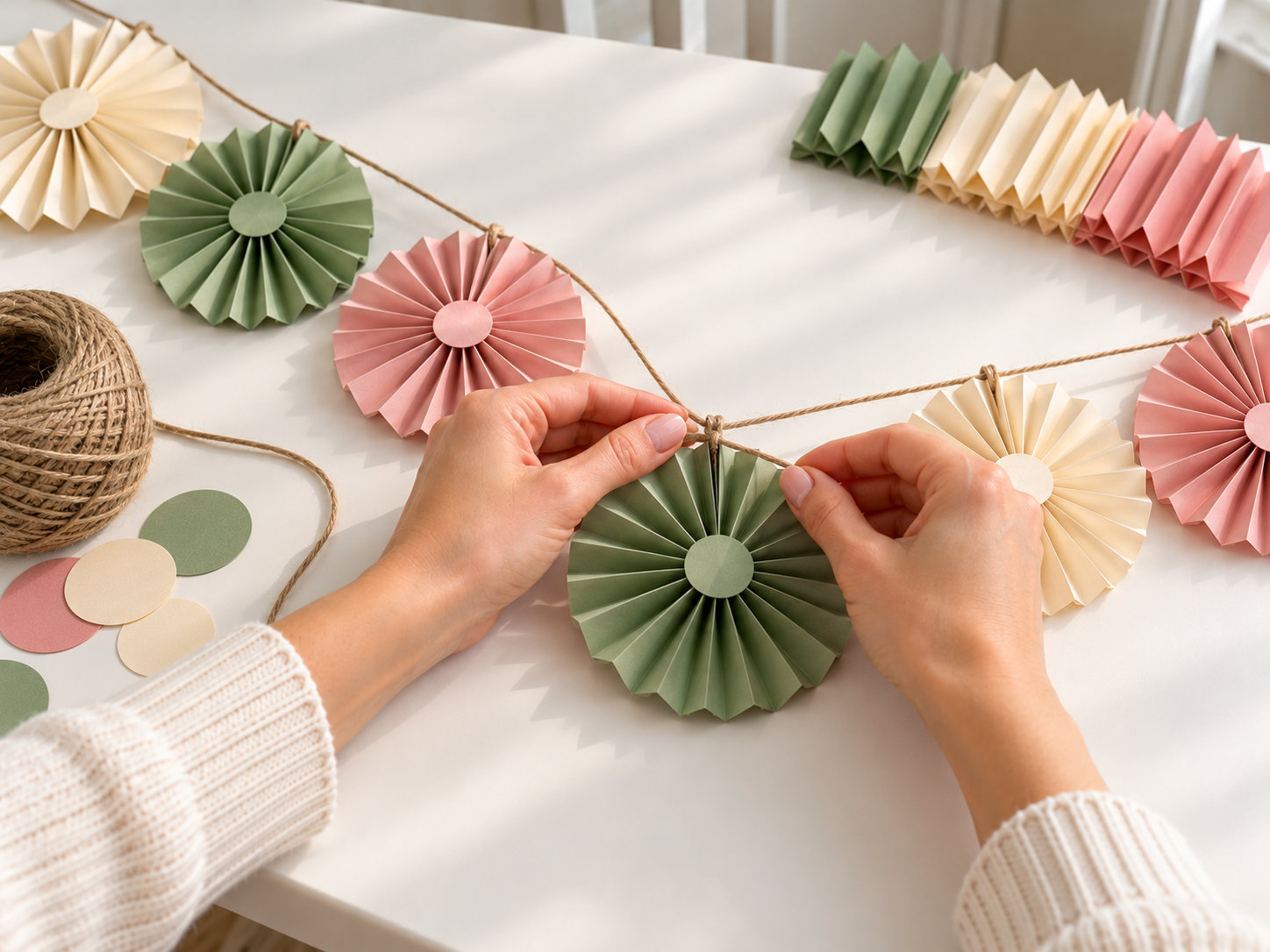 DIY Accordion Fold Paper Rosette Garland for Neutral Everyday Wall Decor, step 5: Assemble and Hang Garland