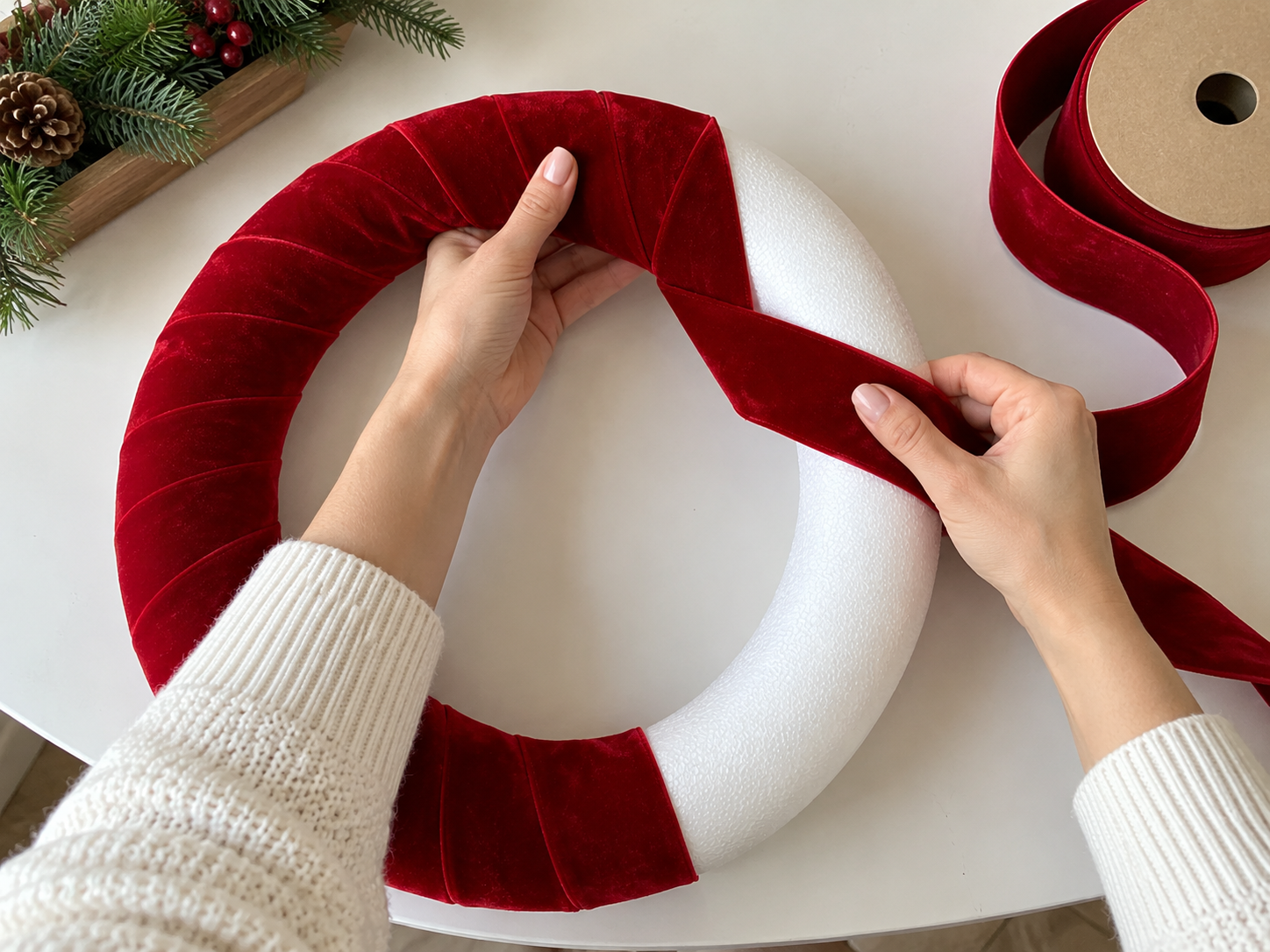 DIY Peppermint Candy Christmas Wreath for Festive Holiday Door Decor, step 1: Wrap the Wreath Base with Ribbon