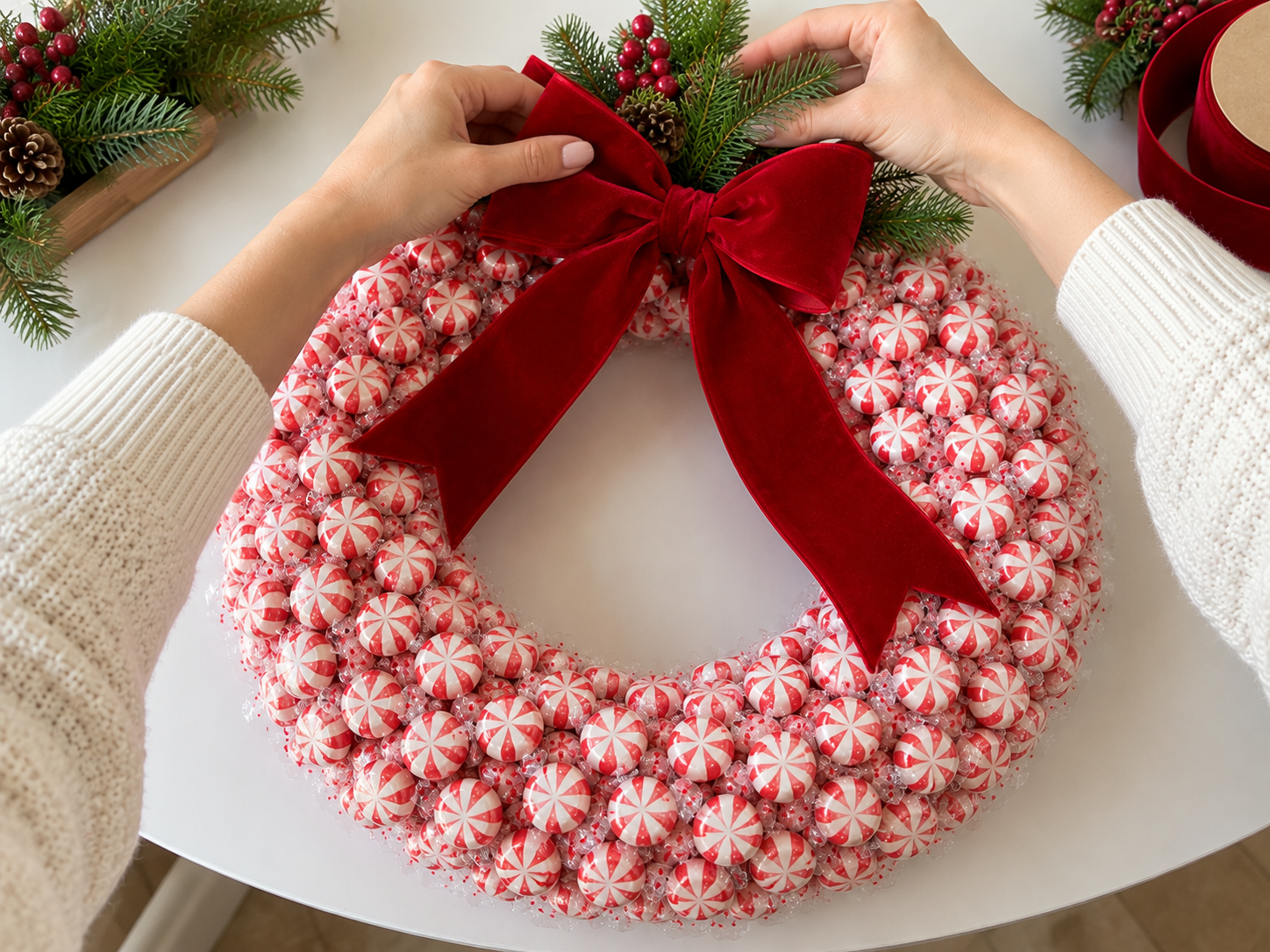 DIY Peppermint Candy Christmas Wreath for Festive Holiday Door Decor, step 5: Add Bow and Pine Sprigs