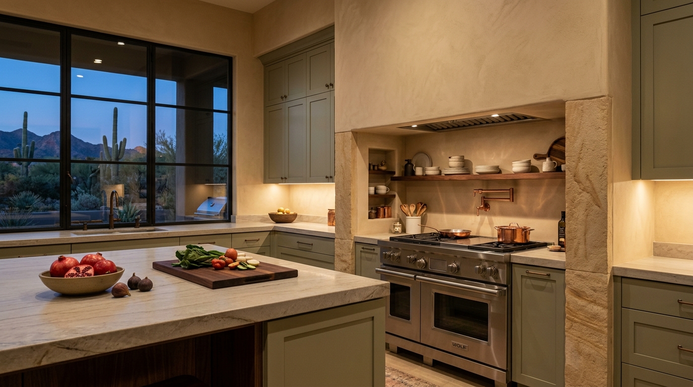 A wide, high-end architectural shot of a flawlessly finished Sonoran desert kitchen operational center at twilight. Warm, ambient under-cabinet lighting illuminates the smooth, continuous stucco surfaces and integrated masonry storage. The precise craftsmanship of the wall envelope is evident in the realistic, subtle texture of the surfaces. Highly realistic depth of field, sophisticated mood. NO generic, flat red colors.