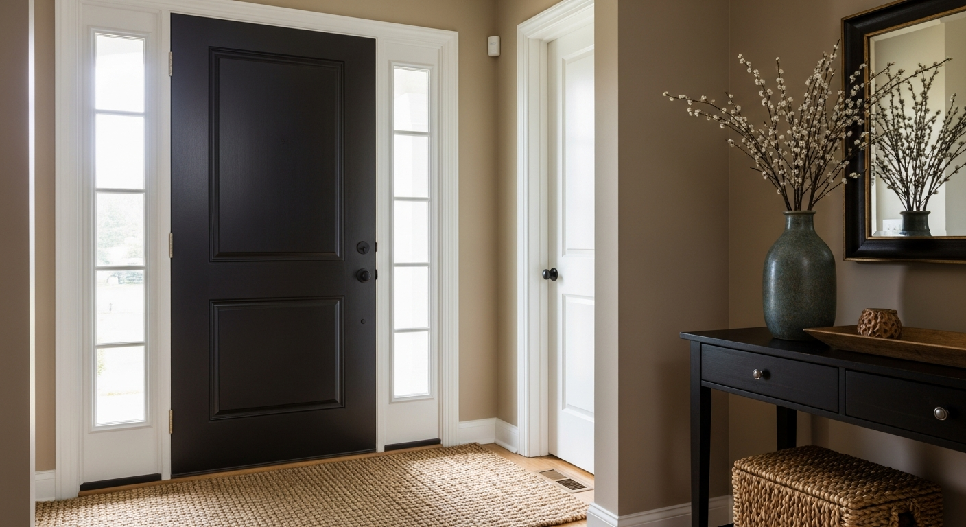A photorealistic, interior design vignette of an entryway transition. The heavy solid wood front door is painted in a stark, velvety charcoal-brown, sharply contrasting with the warm, mid-tone khaki walls. A highly textured, organic sisal rug sits on the floor. Soft, diffused daylight reveals the nuanced undertones of the paint, highlighting an atmosphere of rugged sophistication and grounded luxury. No flat red tones.