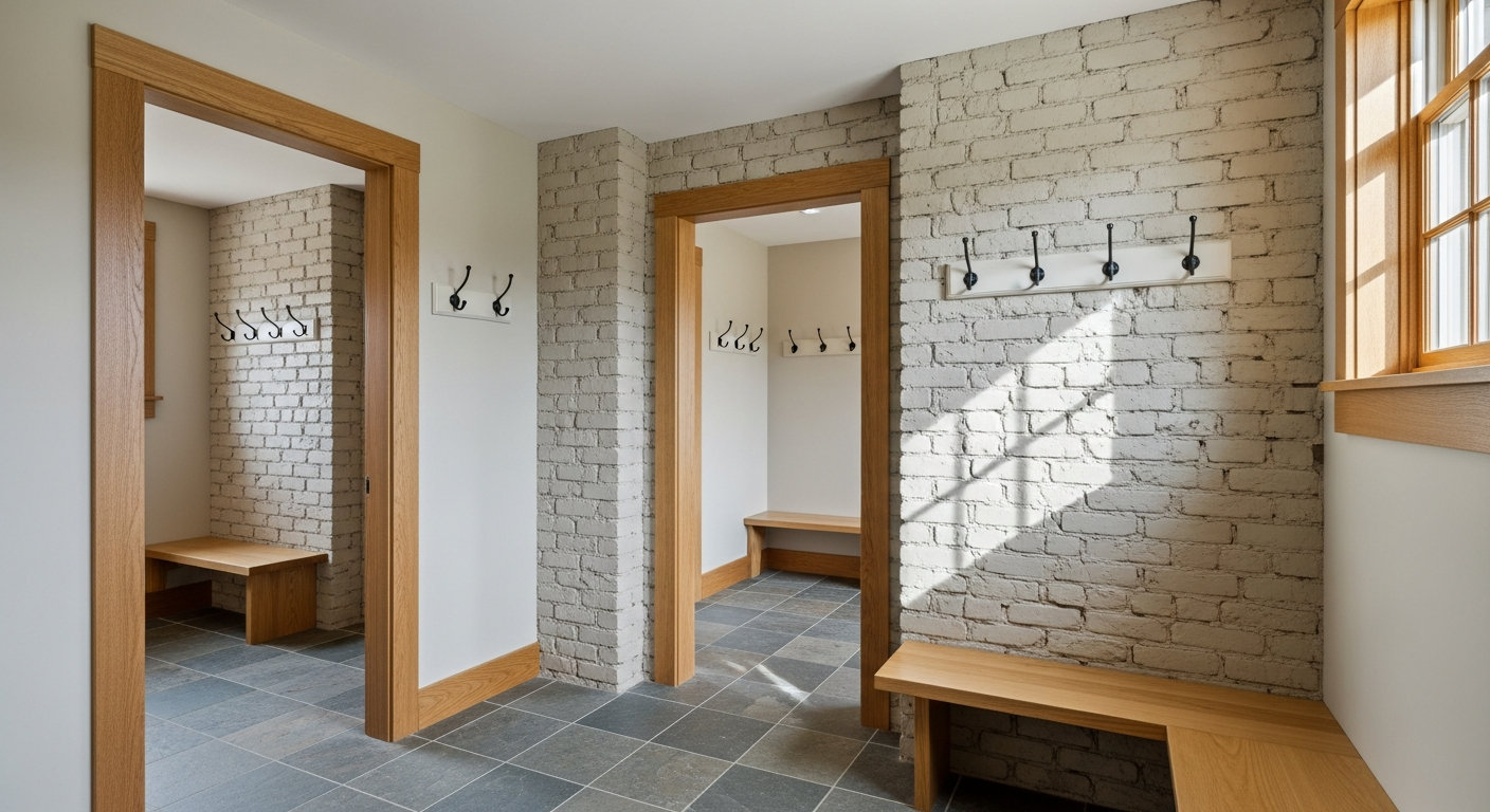 A photorealistic, high-end architectural view of a completed, heavy-duty mudroom transition space. Exposed, structurally sound historic brick foundation walls coated in a breathable, matte mineral silicate finish in a soft, chalky limestone hue. Cast iron coat hooks, heavy slate tile flooring, and thick timber trim. The lighting is natural, casting soft organic shadows emphasizing the raw texture of the restored masonry. NO generic, flat red colors.