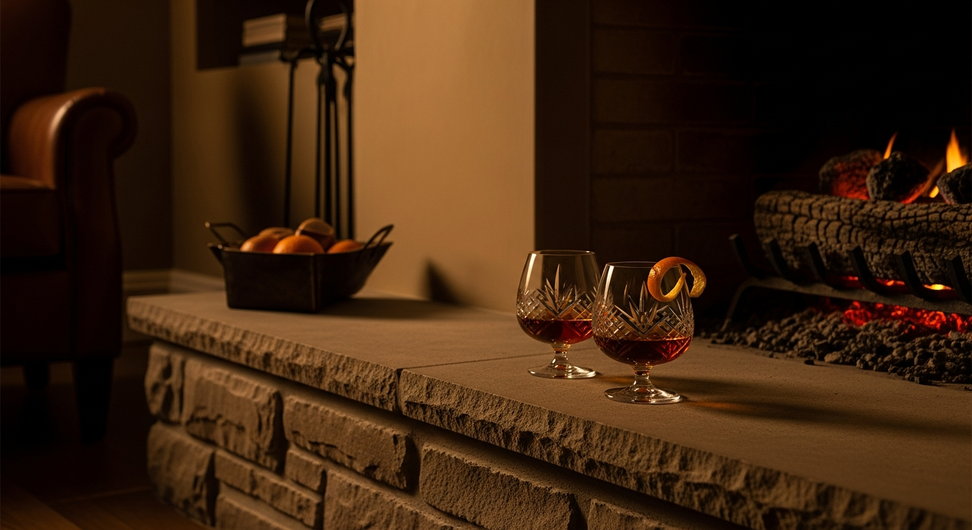A highly evocative, photorealistic architectural image focusing on the dying embers of a living room hearth late at night. The fire is reduced to glowing, textured coals. In the sharp foreground, resting on the raised stone hearth, are two heavy, cut-crystal snifters containing a dark amber liquid. A twist of orange peel rests delicately on the rim of one glass. The lighting is incredibly warm, dark, and intimate, casting long, natural shadows. The scene heavily emphasizes the tactile quality of the rough stone, the smooth crystal, and the organic glow of the embers. No flat or generic colors.