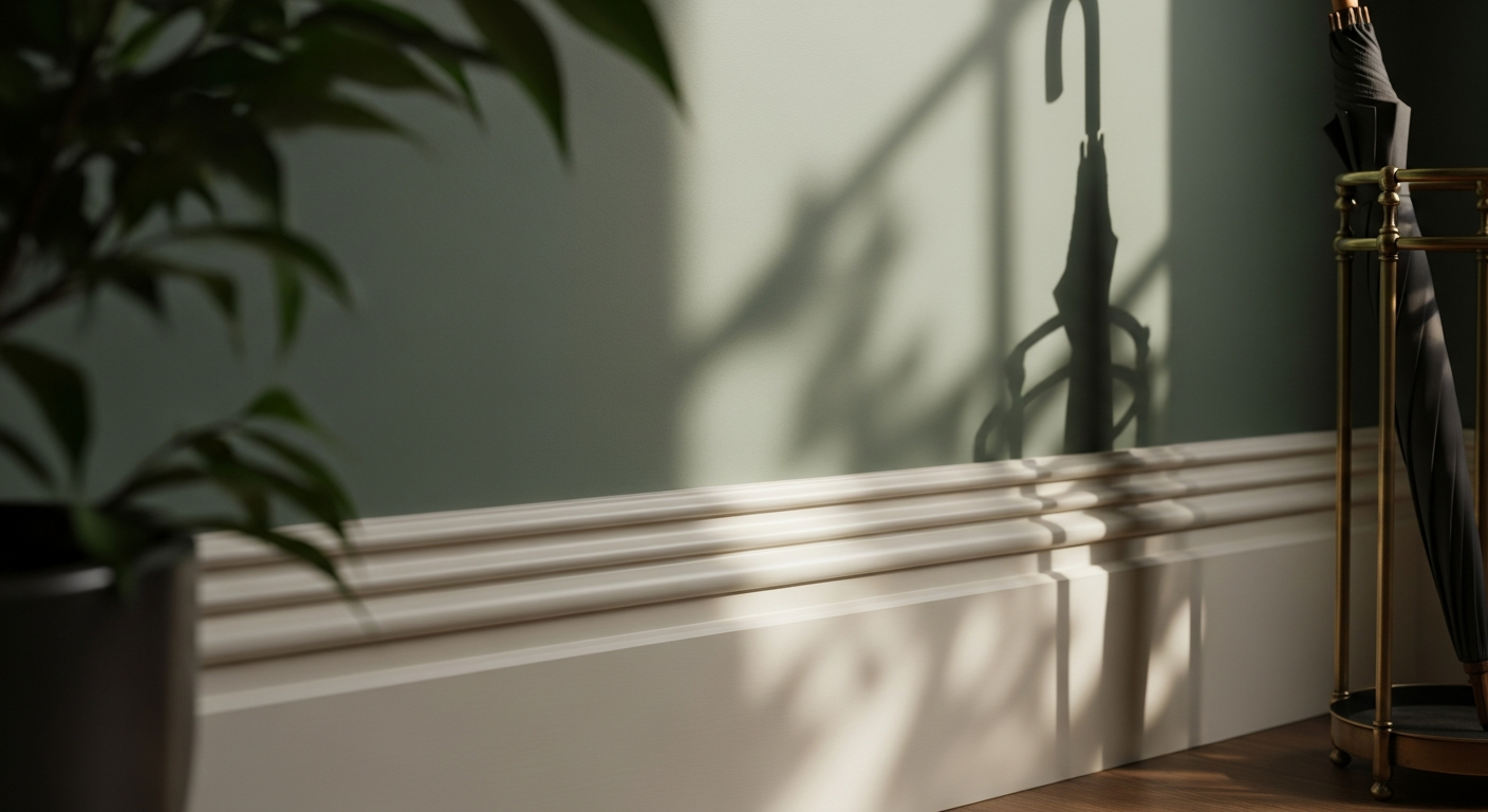 A close-up, highly detailed architectural photograph focusing on the interplay of interior textures. A thick, historic baseboard painted in a creamy, warm white sits against a matte wall in a deep sandy-khaki hue. Natural, dappled sunlight filters through nearby foliage, creating soft, organic shadows on the wall. A vintage brass umbrella stand sits in the corner. The lighting emphasizes the architectural depth and high-end finish.