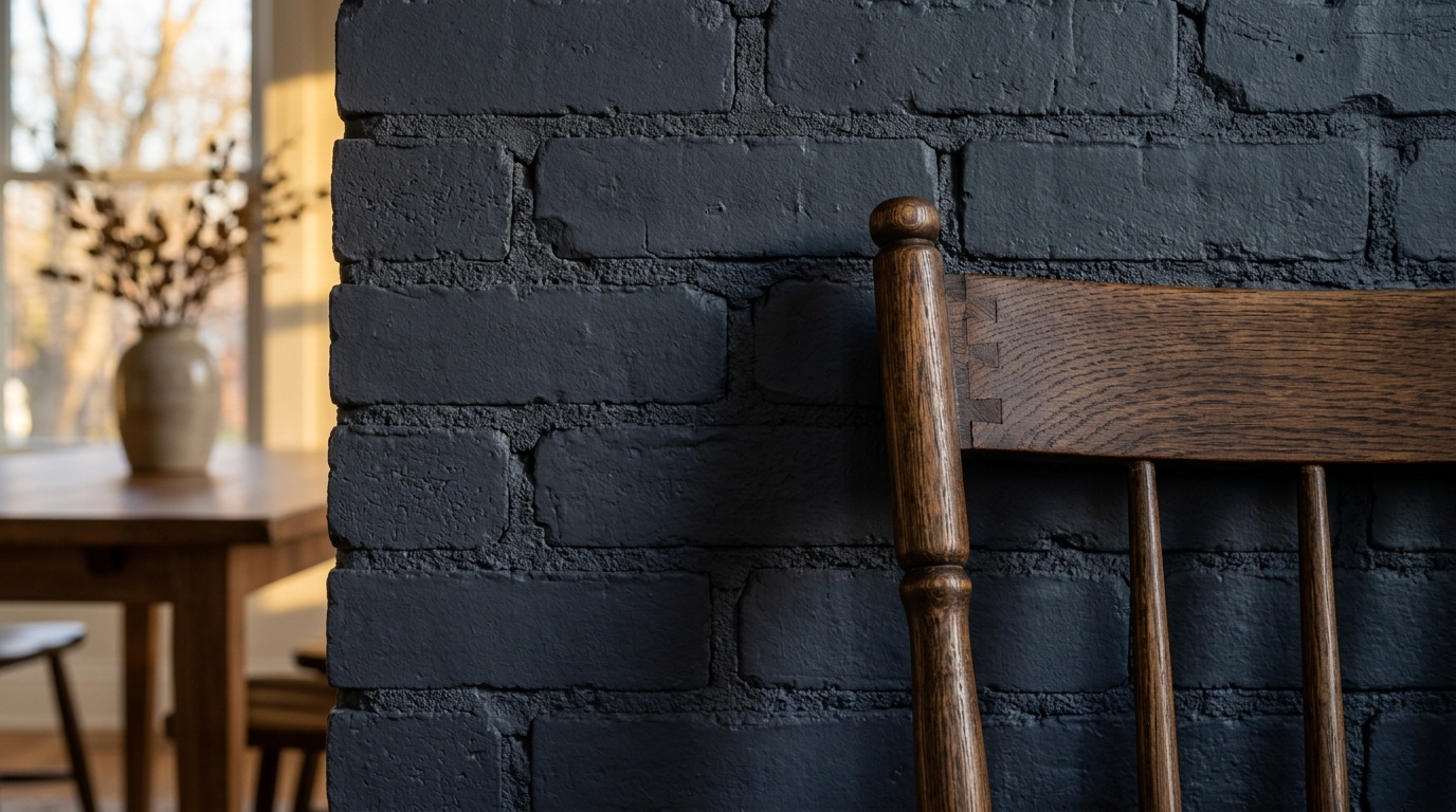 A detailed, photorealistic macro shot of a masterfully painted historic brick wall meeting a hand-crafted wooden dining chair back. The paint finish is utterly matte and flawless, showing the deep, organic texture of the masonry beneath without a single flake or blister. Warm, natural evening light casts deep shadows across the mortar lines. Realistic lighting, organic textures, and absolutely NO generic, flat red colors.