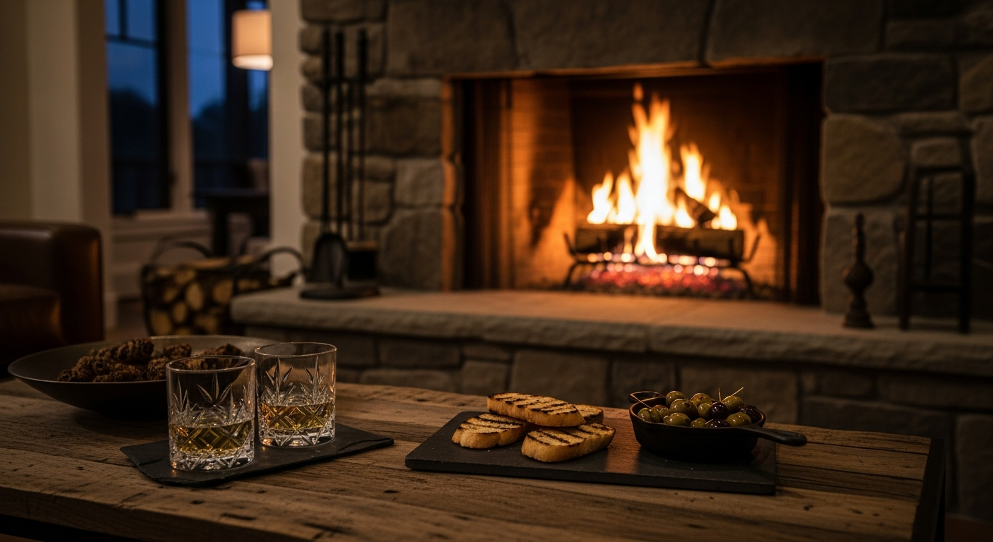 A photorealistic, high-end architectural lifestyle photograph of a rustic-modern living room hearth in a mountain home. A roaring fire casts deep, natural shadows across a heavy, raw stone mantel. On a low, reclaimed wood coffee table in the foreground, a beautifully styled pre-dinner vignette sits in soft focus: heavy crystal rocks glasses, a slate board with charred crostini, and a small cast-iron dish of warmed olives. The lighting is moody, relying entirely on the golden, organic glow of the firelight and subtle ambient evening light through a distant window. Rich organic textures, zero flat or generic red colors.