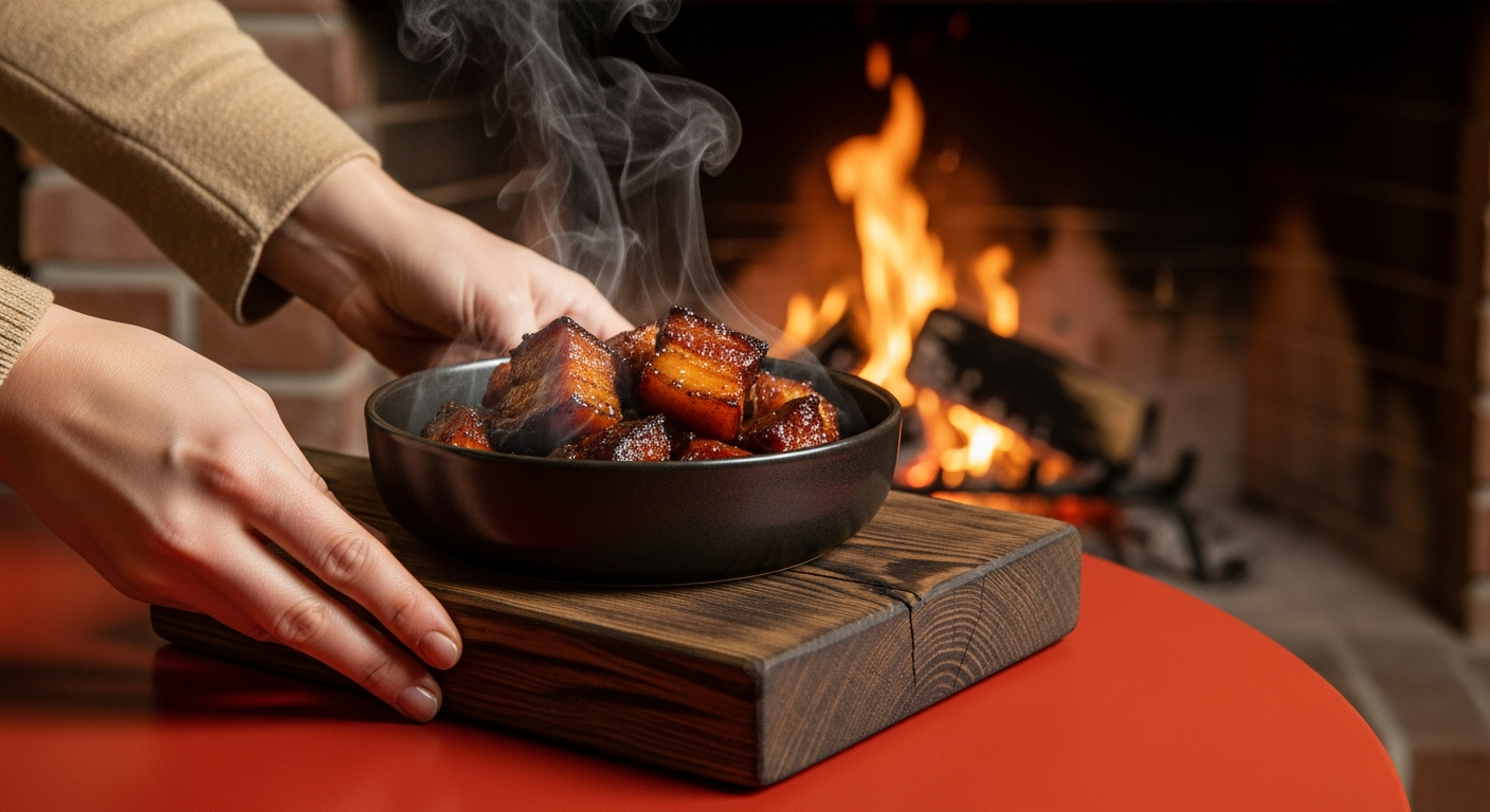 A close-up, photorealistic shot of a sophisticated culinary moment by the hearth. Focus on a pair of hands gently placing a heavy, dark ceramic bowl of steaming, slow-rendered pork belly bites onto a charred wood serving block. In the background, out of focus, the textured brick of a fireplace and the bright, organic orange and yellow embers of a dying fire. The lighting is highly dimensional, highlighting the glossy, caramelized glaze on the meat and the rough grain of the wood. Natural shadows, moody contrast, strictly avoiding any artificial-looking flat reds or overly bright studio lighting.
