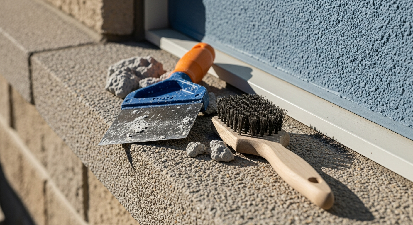 A hyper-detailed, photorealistic image of professional masonry preparation tools resting on a raw, weathered exterior stucco ledge. A heavy-duty carbide scraper and a stiff wire brush sit alongside exposed, coarse stucco aggregate. The lighting is natural, casting sharp, realistic shadows that highlight the granular, organic texture of the cementitious substrate. Earthy, muted tones predominate.