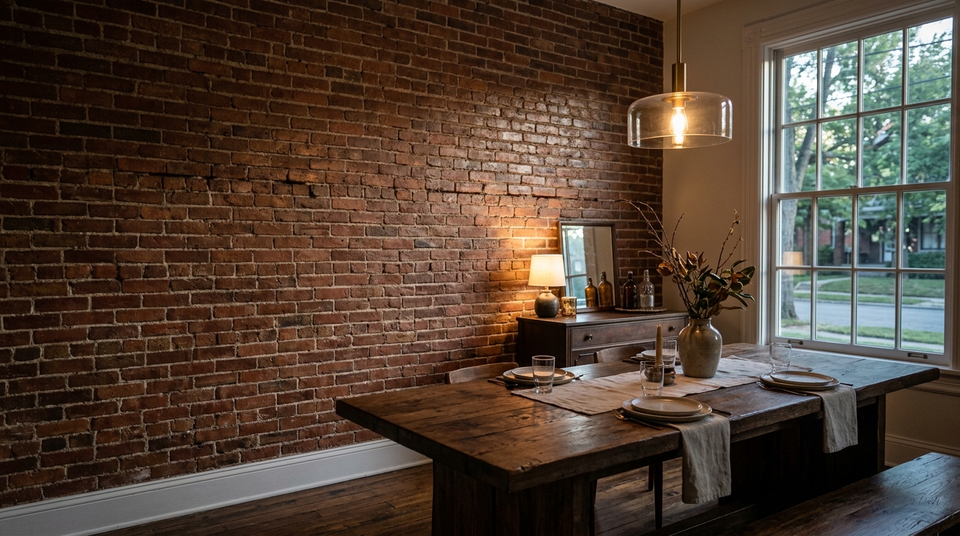 A photorealistic, high-end architectural photo of a sophisticated dining room vignette. A heavy, raw-wood dining table sits in the foreground, catching the warm, ambient glow of dusk. In the soft-focused background, an immaculately restored, painted brick wall serves as the anchor. The scene emphasizes organic textures, natural shadows, and realistic lighting. NO generic, flat red colors; the aesthetic is moody, grounded, and structurally sound.