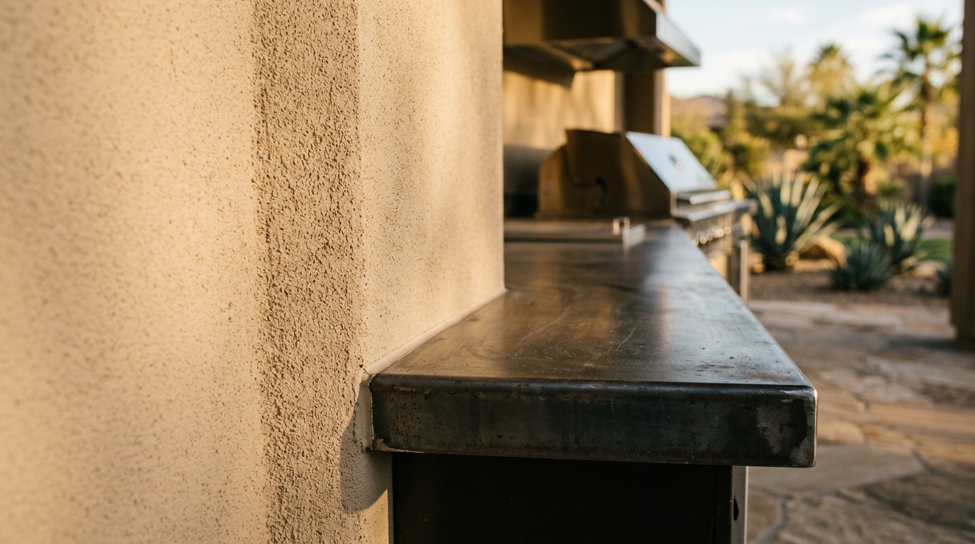 A detailed, photorealistic close-up of a masterfully repaired stucco surface adjacent to a heavy-gauge steel outdoor kitchen countertop. Raking afternoon desert sunlight reveals the organic, sandy texture of the masonry wall. The lighting emphasizes the flawless, monolithic surface tension of the paint film with zero cracking. Realistic depth of field blurs the background. NO generic, flat red colors.