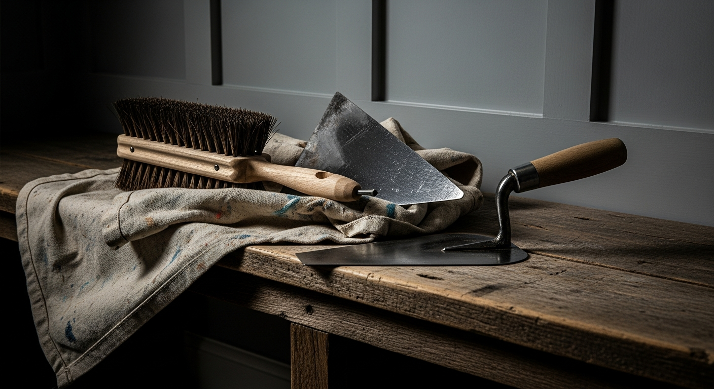 A photorealistic, highly detailed shot of a master craftsman's heavy-duty masonry tools resting on a worn, reclaimed wood mudroom bench. A stiff-bristle masonry brush, a forged steel pointing trowel, and a heavy canvas drop cloth. The lighting is moody and natural, highlighting the gritty textures of forged steel and scarred wood, with deep, realistic shadows. NO generic, flat red colors.