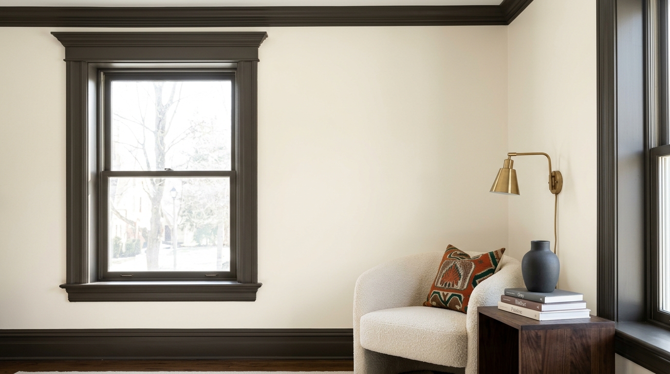 Urbane Bronze & Terracotta Living room Paint Color The Moody Paint Color That Completely C... Craftsman Painter Architectural shot of built-in library shelves painted in Sherwin Williams Urbane Bronze . The warm charcoal-brown paint coats the wood grain, creating a rich, matte finish. Natural sunlight rakes across the shelves, illuminating the earthy green undertones. Leather-bound books and unglazed terracotta pottery rest on the shelves, emphasizing the organic warmth of the paint. , lighting. — Discover interior paint ideas, home color palettes, and professional styling tips from our our General Audience house painting design study on the Craftsman Painter blog. #paintcolors #interiordesign #homedecor #sherwinwilliams #urbanebronze #terracotta