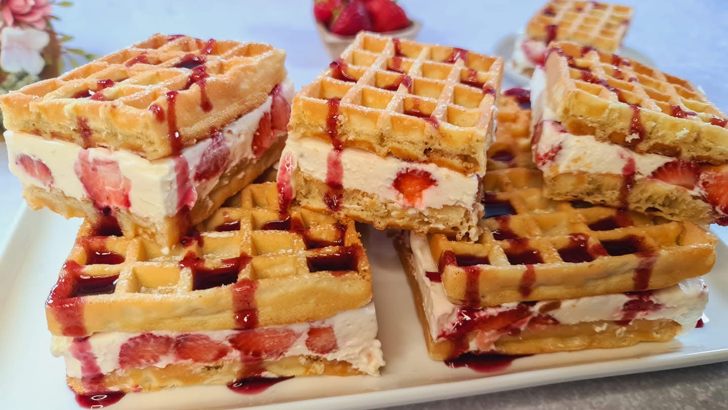 No-Bake Strawberry Waffle Cake with Cream Cheese Filling step 12