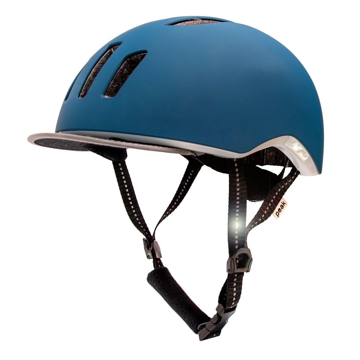 Billede af Crazy Safety Blå/Petrolium cykelhjelm til mænd og kvinder. Aftagelig skygge, refleksstropper og LED lys. M/L 53-59cm. Testet, godkendt og certificeret