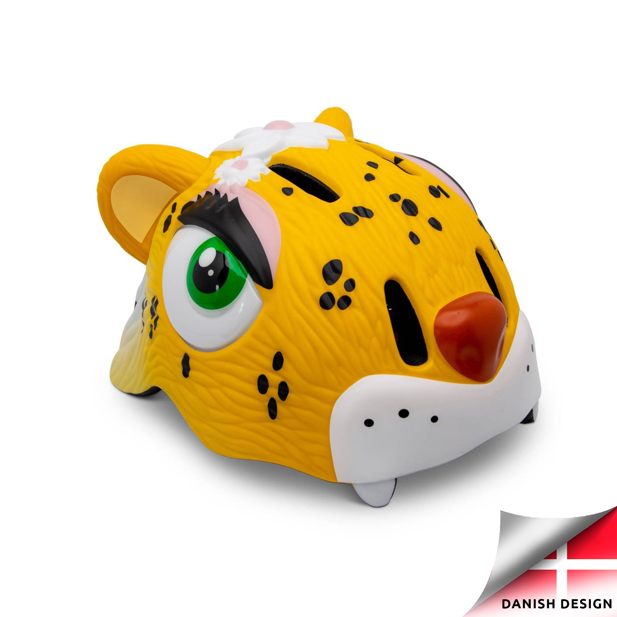 Se Crazy Safety gul leopardcykelhjelm til børn. Testet, sikkerhedsgodkendt og EN1078 certificeret. hos Crazy Safety
