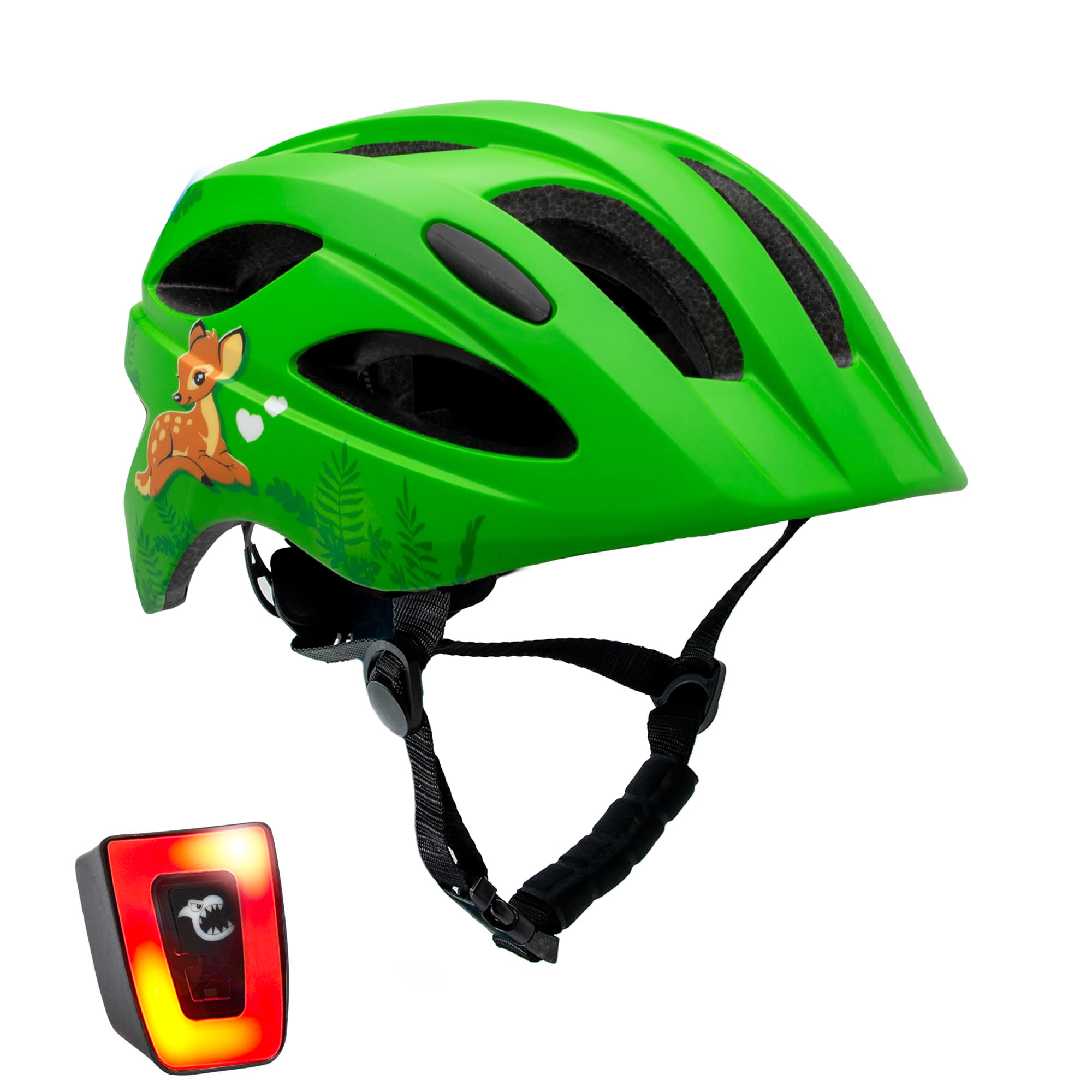 Billede af Grøn cykelhjelm til børn i alderen 6 - 12 år 54-58 cm med USB genopladeligt indbygget rødt LED lys. Sikkerhedstestet og EN 1078 certificeret