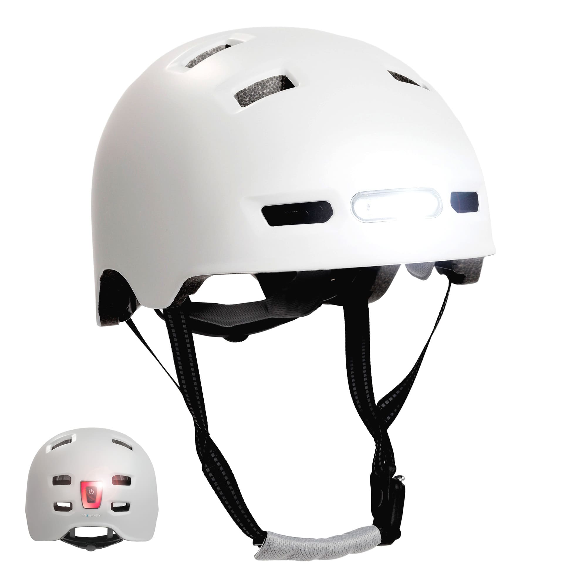 Se Mat hvid urban cykel- og skaterhjelm, størrelse L 57-61cm, til teenagere og voksne, Crazy Safety-hjelm med kraftig for- og baglygter. Godkendt og EN1078-certificeret. hos Crazy Safety