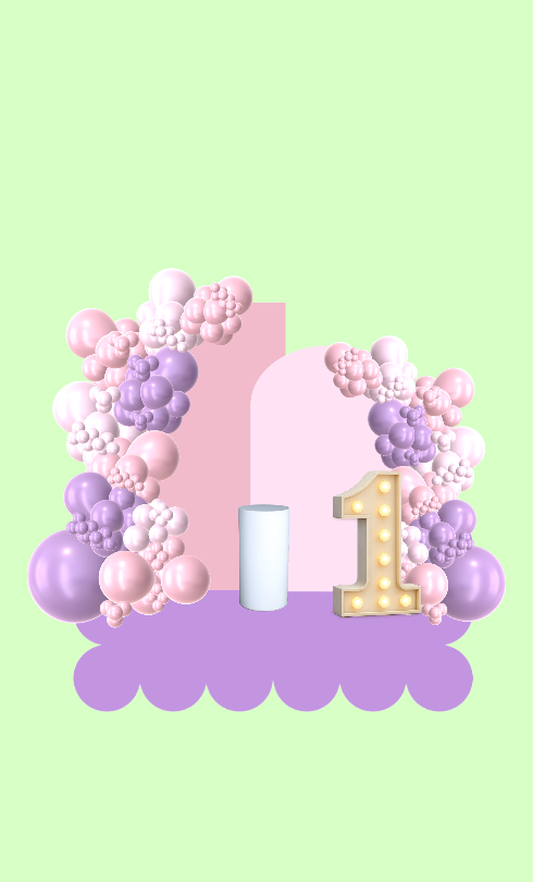 Diseño de primer cumpleaños con globos rosas y lilas