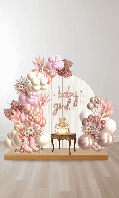 Decoración baby shower con globos rosa, crema y flores