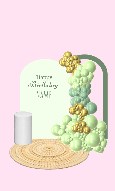 Diseño de cumpleaños con globos verde pastel y dorados