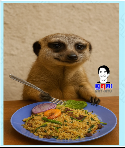 Meerkat eating fried rice