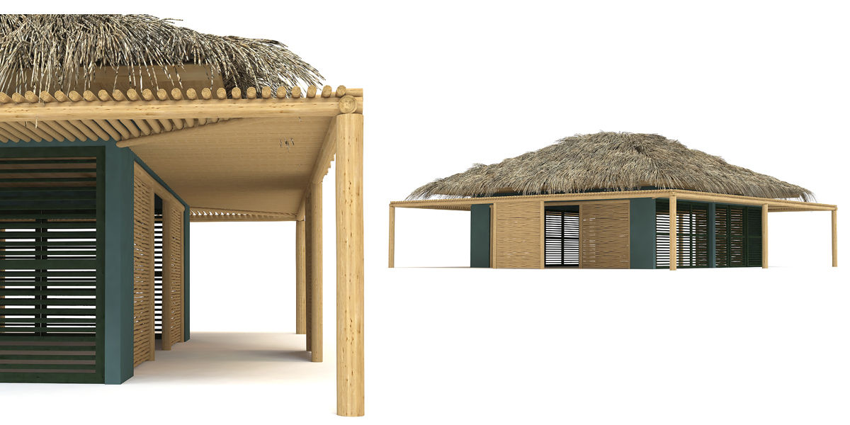 Tropical wooden thatched roof bungalow