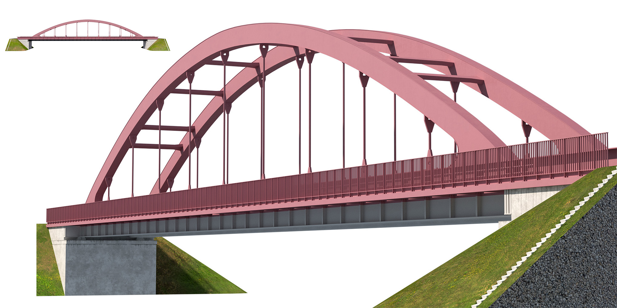 Bridge-05 metal arch bridge over a highway with pedestrian areas 