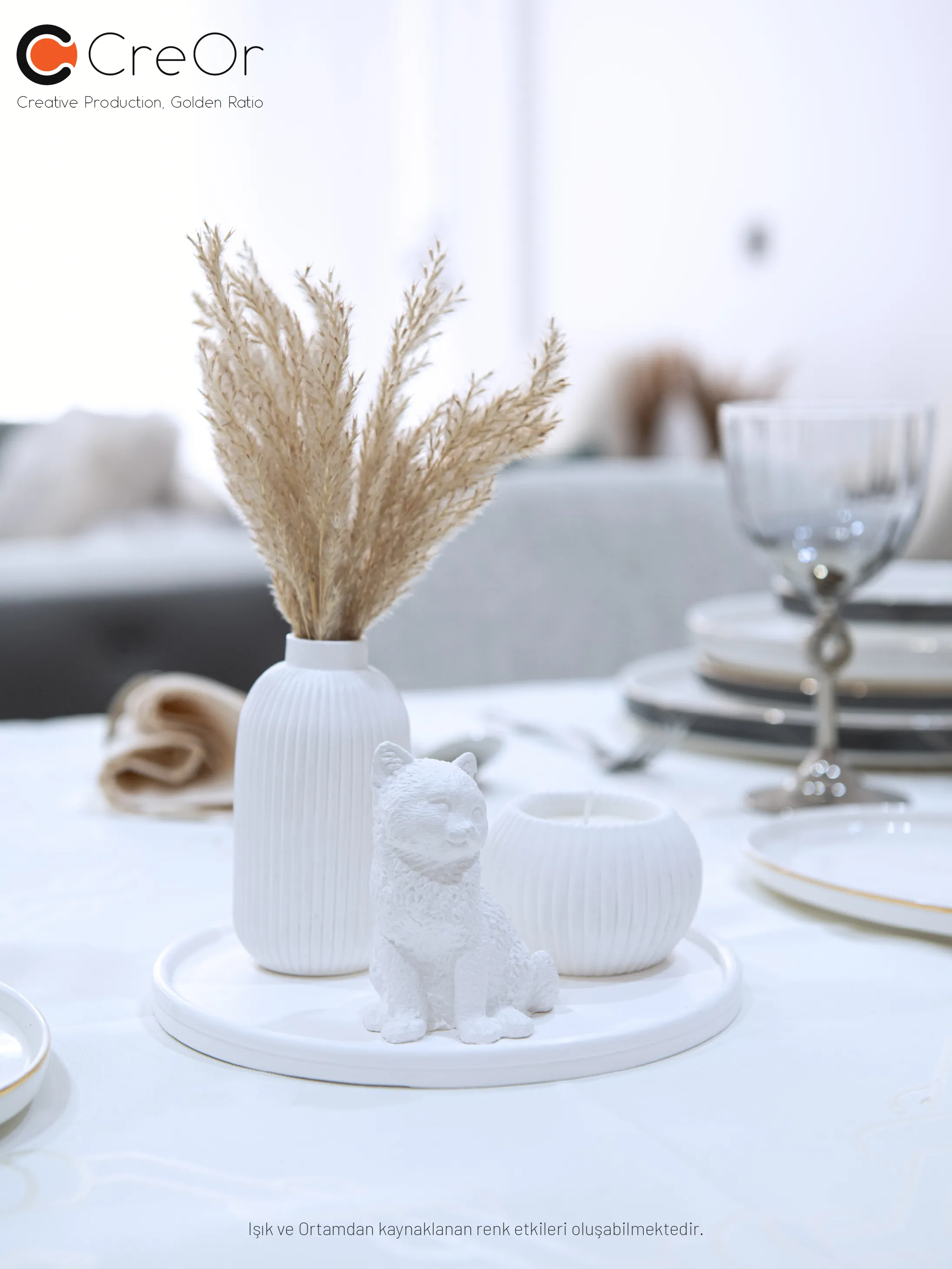 Dekoratif 3'lü Set - Tüylük & Mumluk & Kedi Figürü - Beyaz