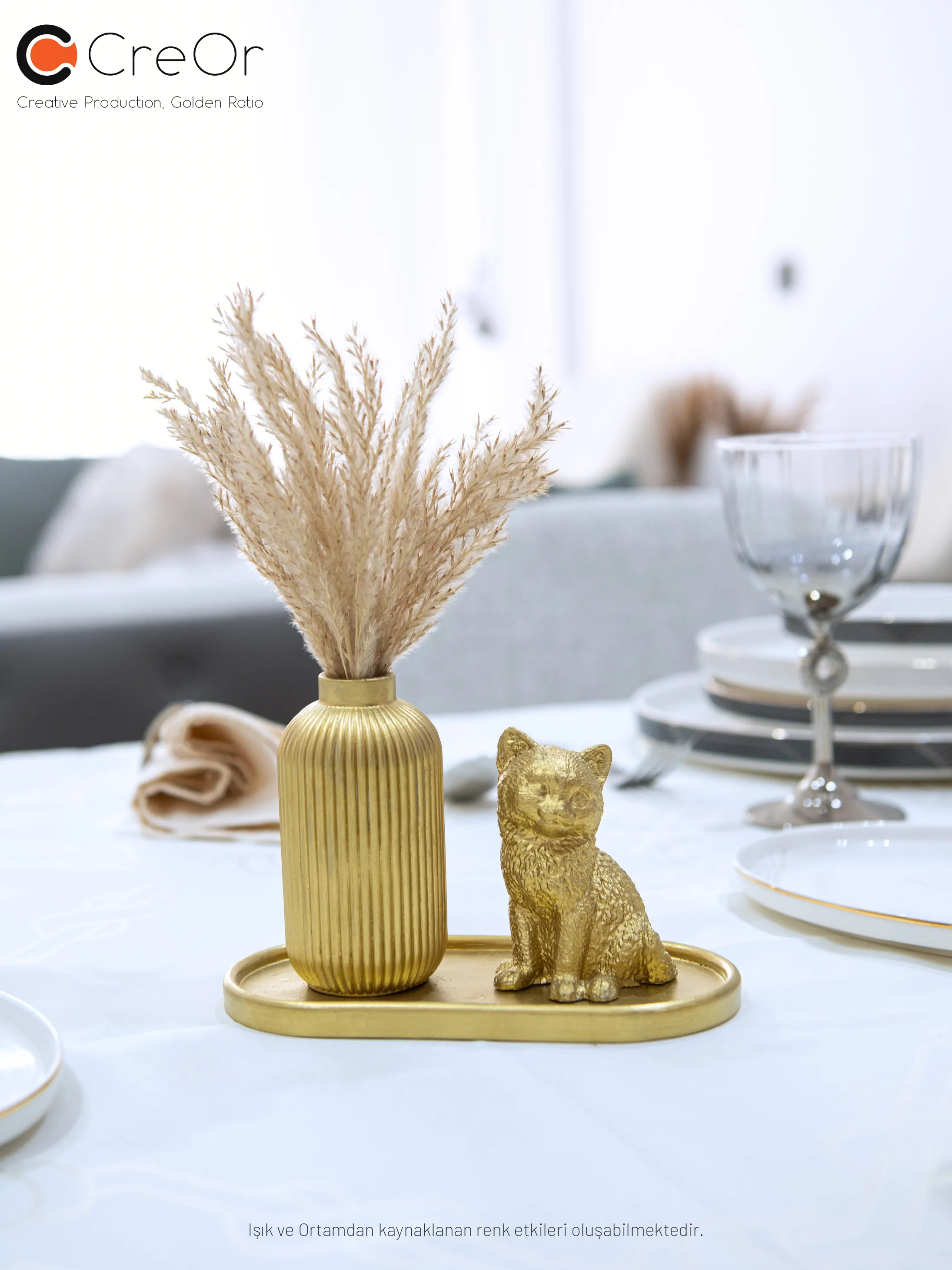 Dekoratif 2'li Set - Tüylük & Kedi Figürü - Altın